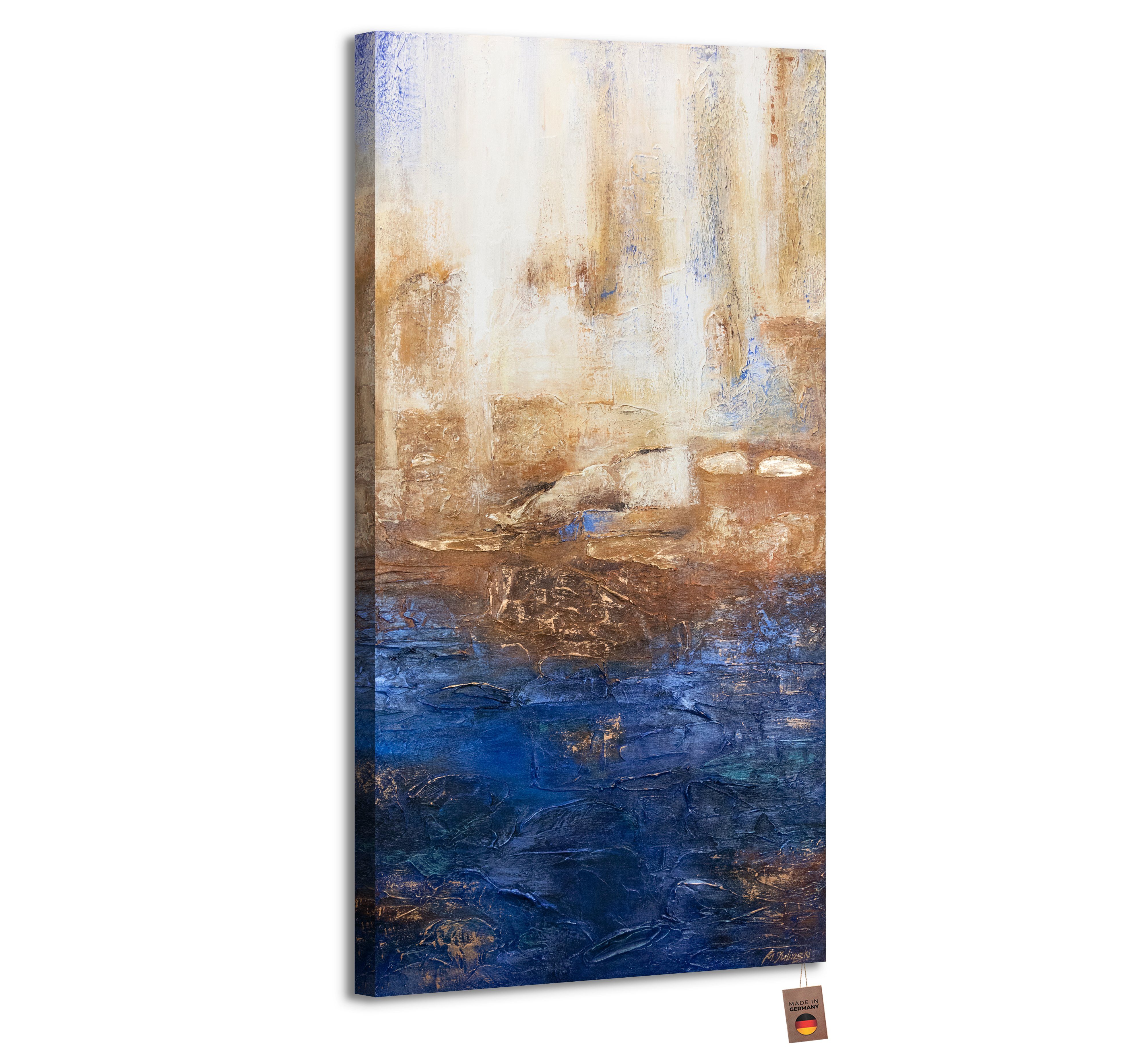 YS-Art Gemälde Marine II, Abstrakte Bilder, Vertikales Leinwand Bild Handgemalt Blau Gold Abstrakt