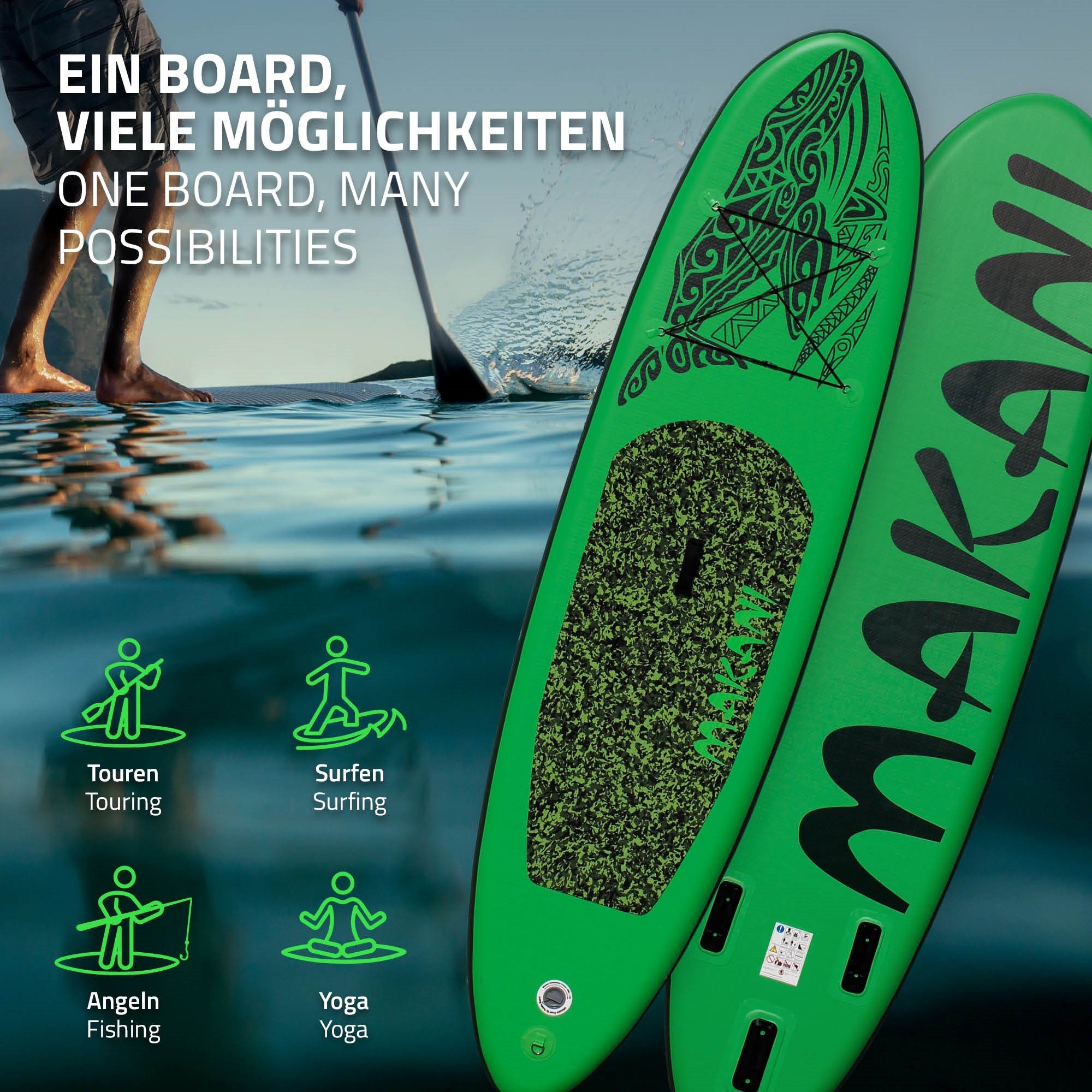 ECD Germany SUP-Board Aufblasbares Stand Up Paddle Board Makani Surfboard, Grün 320x82x15cm PVC bis 150kg Pumpe Tragetasche Zubehör