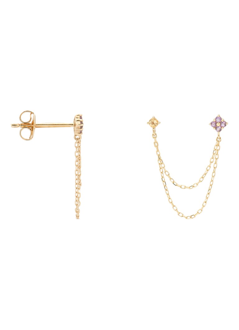 Anna + Nina Single Gilded Chain stud earrings in 14 carat yellow gold with amethyst and citrine