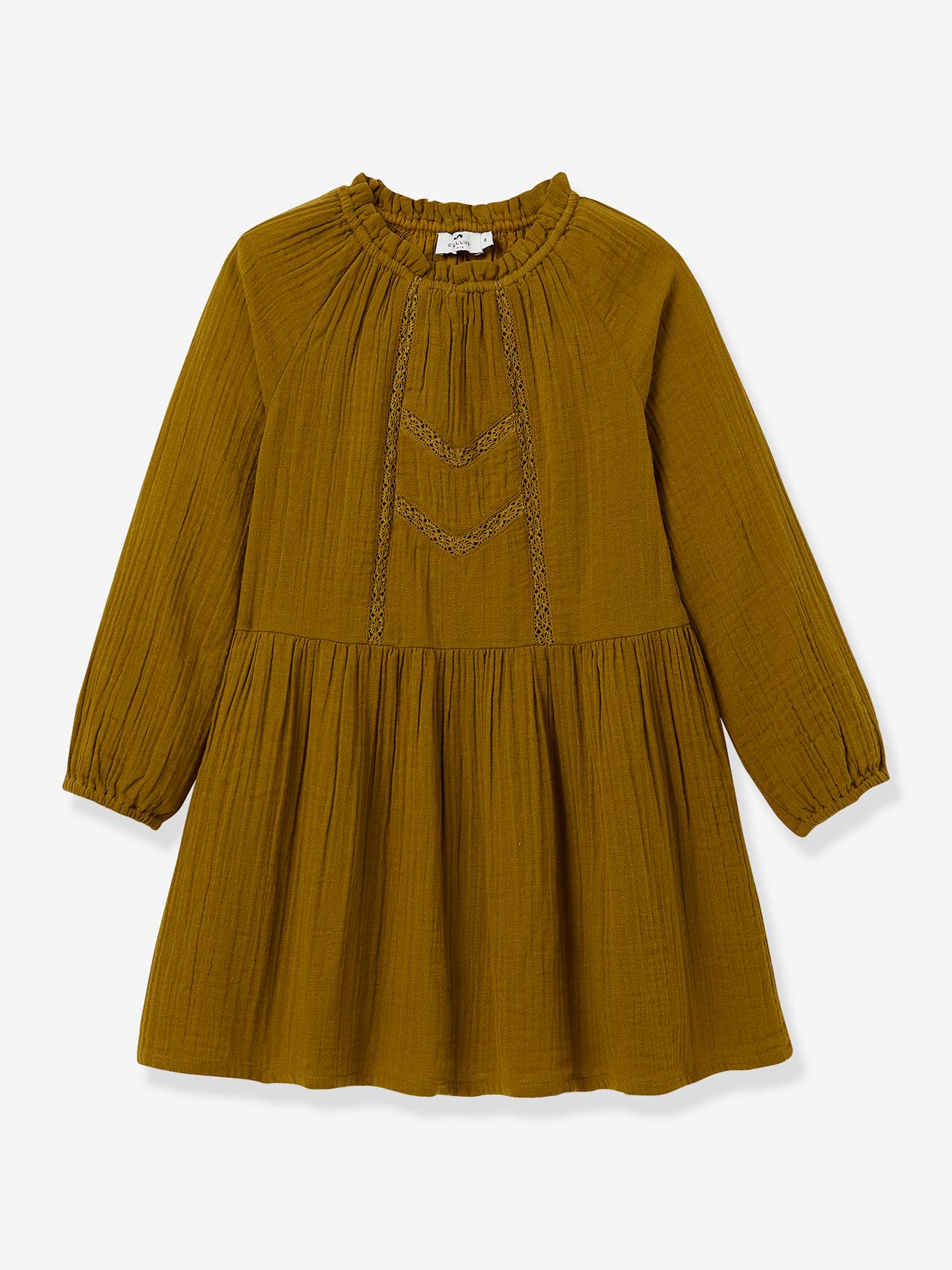 Robe en gaze de coton col montant fille CYRILLUS vert sauge