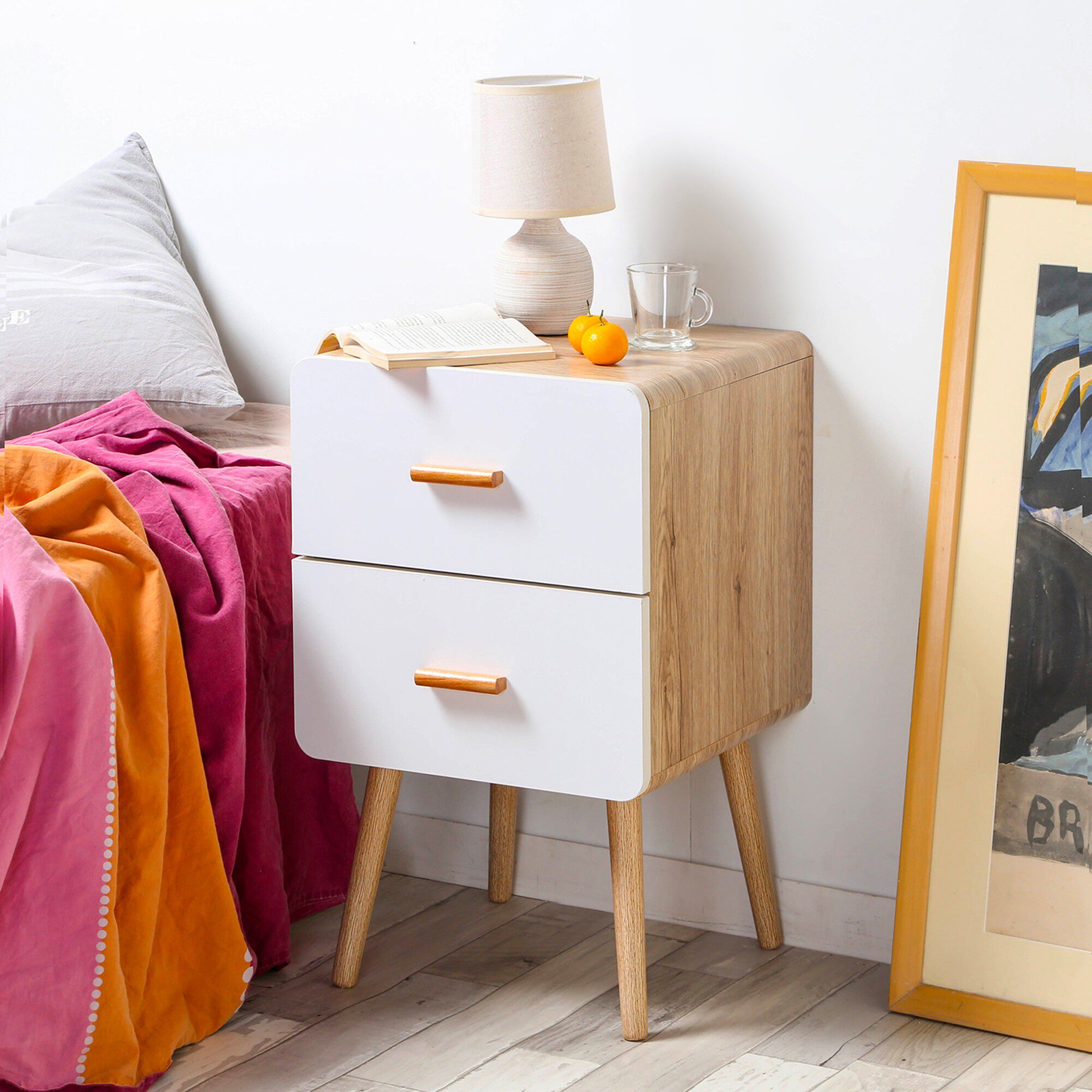 Table de chevet YOLTY 2 tiroirs bois et blanc