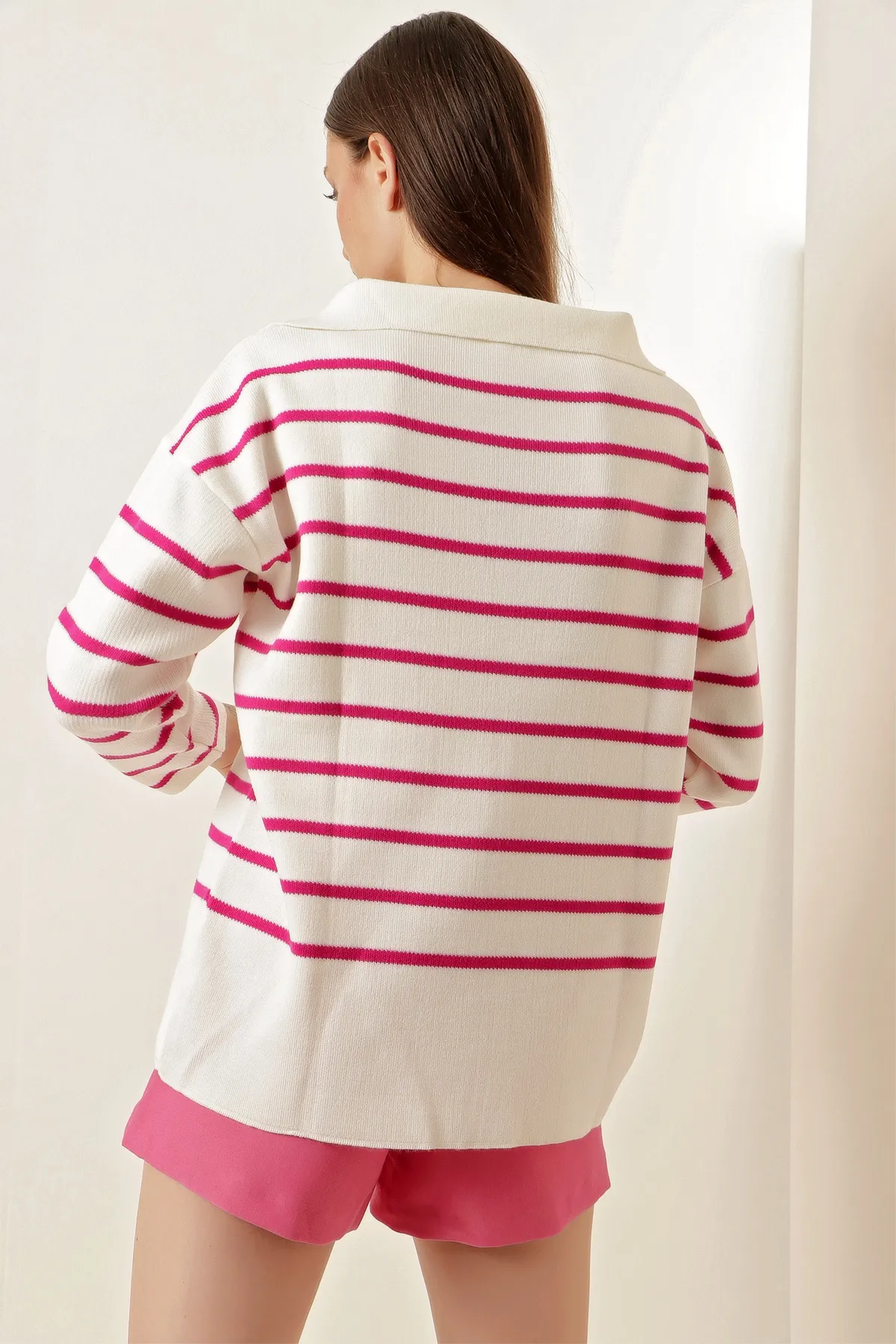 Bigdart  15778 Gestreifter Oversize-Pullover – Fuchsia