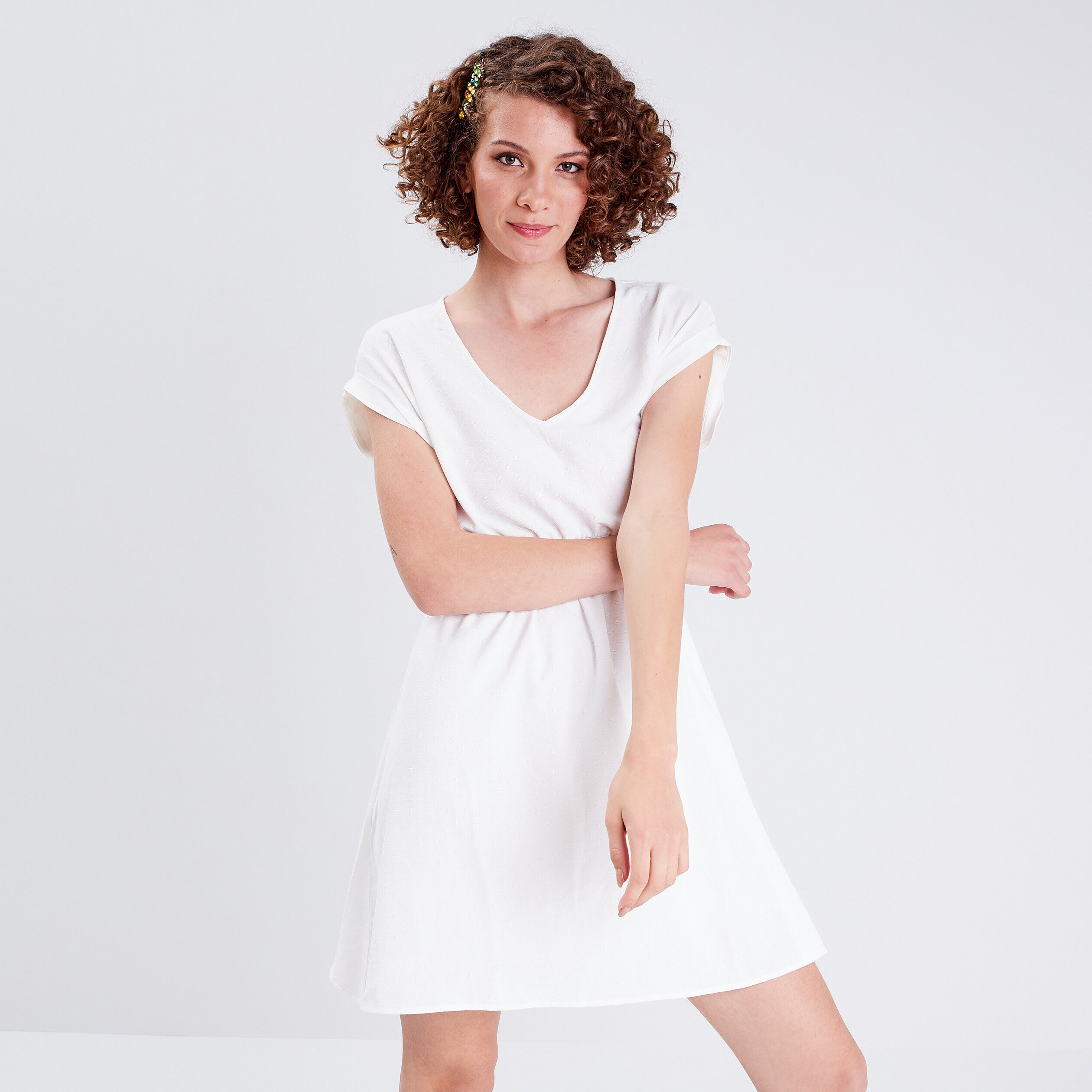 Robe évasée manches courtes ecru femme | Cache Cache