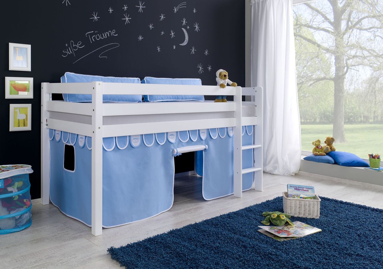 Relita Halbhohes Spielbett ALEX Buche massiv weiß lackiert mit Stoffset Vorhang blau/boy