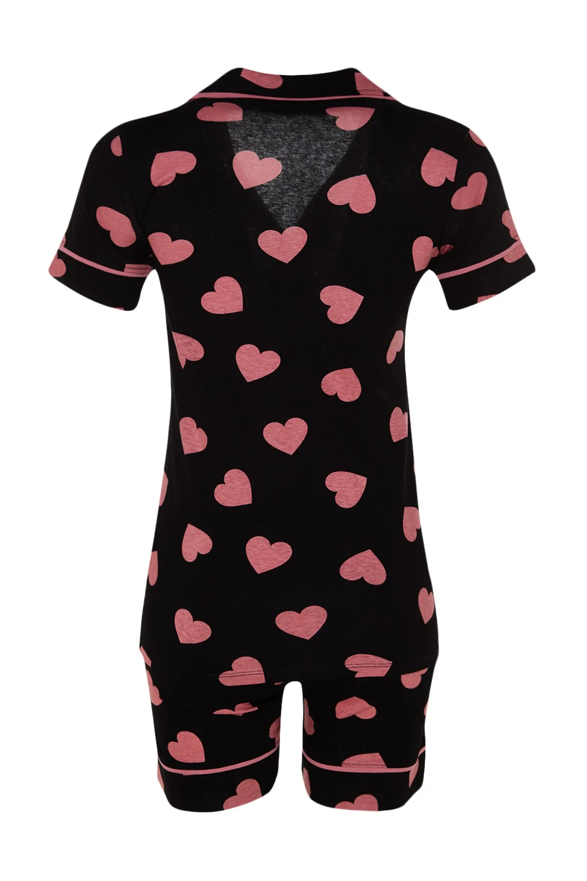 Trendyol Collection  Mehrfarbiges Strick-Pyjama-Set aus 100 % Baumwolle mit herzgemusterten Paspeln und detaillierten Hemd-Shorts THMSS21PT1200