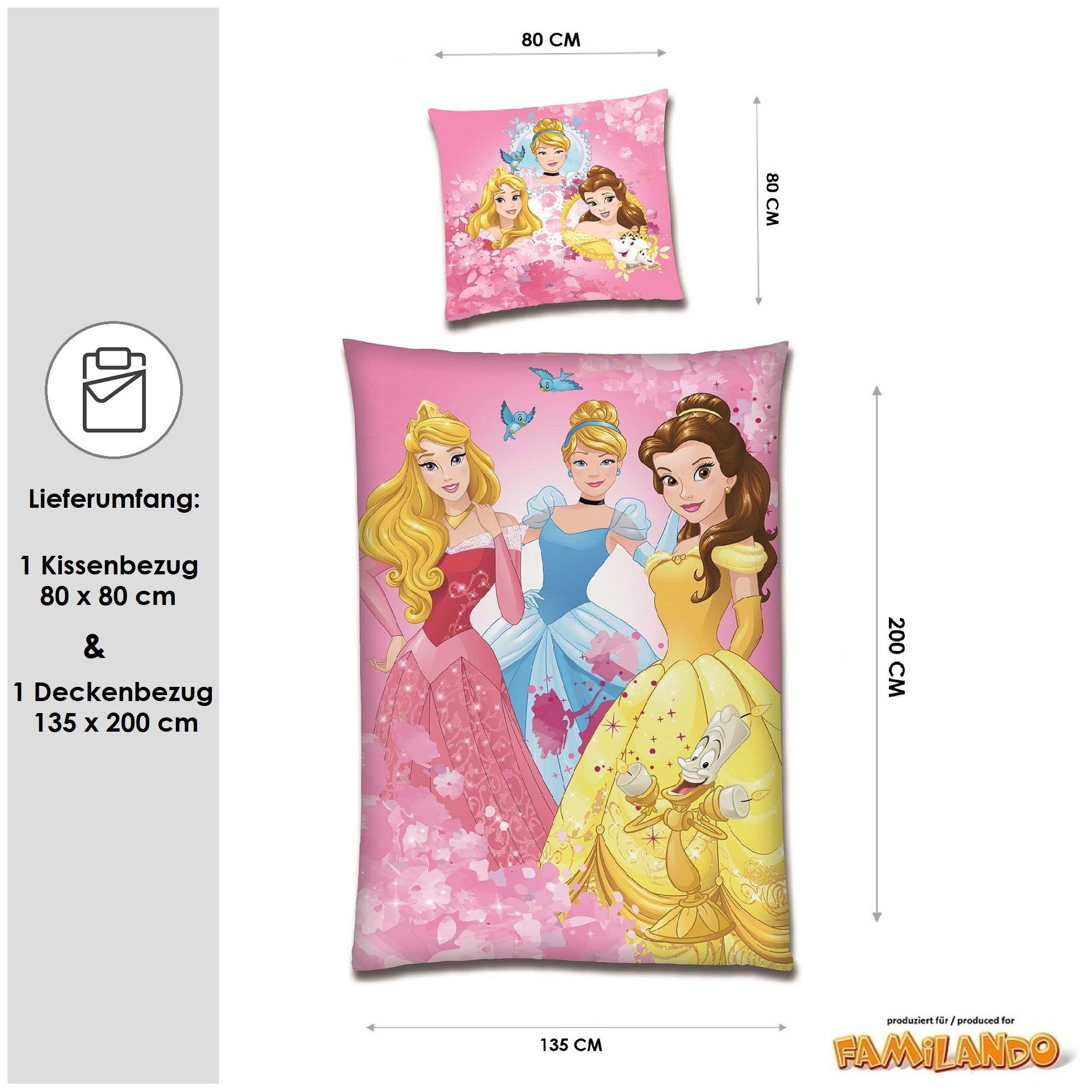 Kinderbettwäsche  Prinzessinnen 135x200 80x80 cm, extra flauschig, Familando, Microfaser-Fleece, 2 teilig, mit Dornröschen, Cinderella und Belle