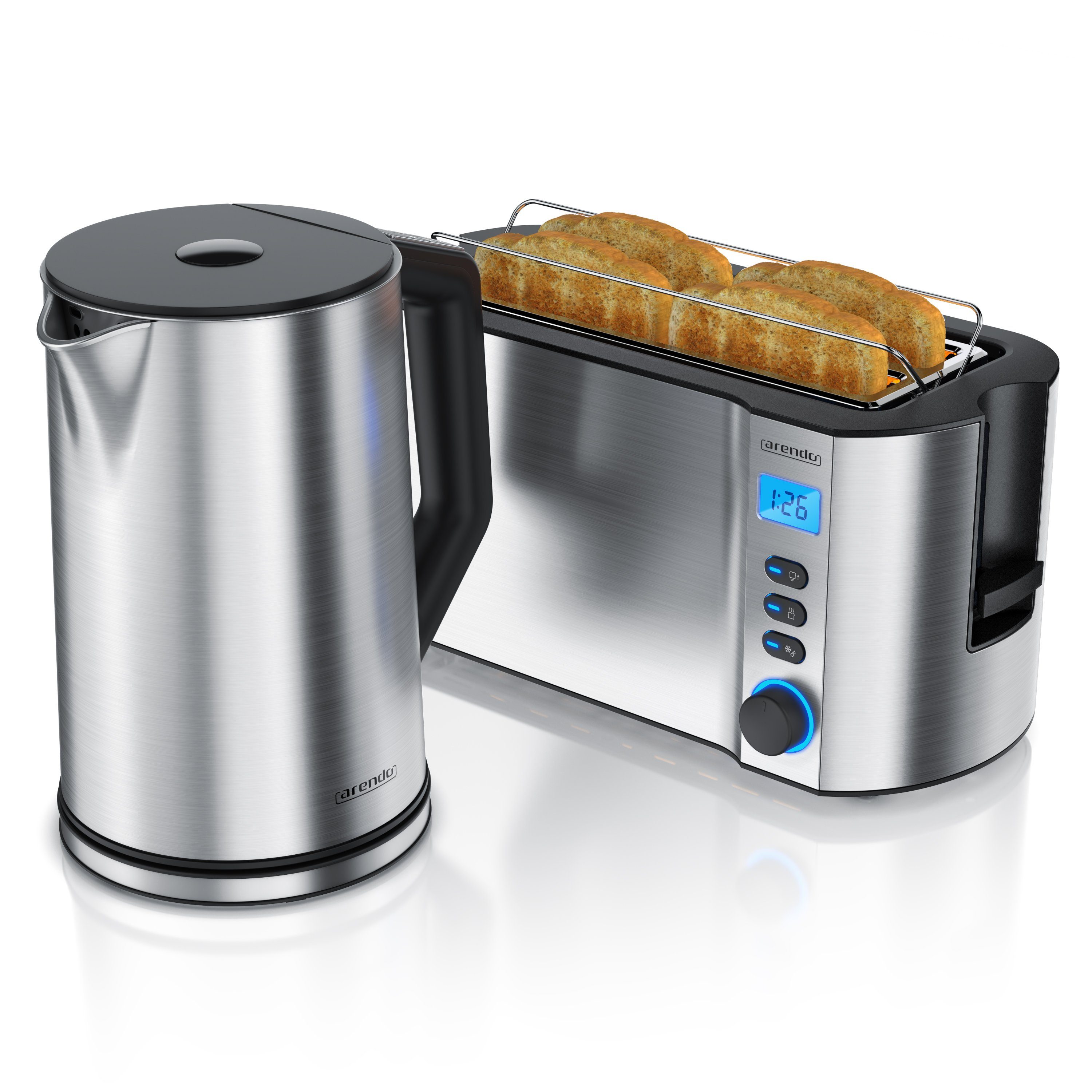 Arendo Frühstücks-Set (2-tlg), Edelstahl Wasserkocher 1,5l, 4-Scheiben Langschlitz Toaster, Edelstahl
