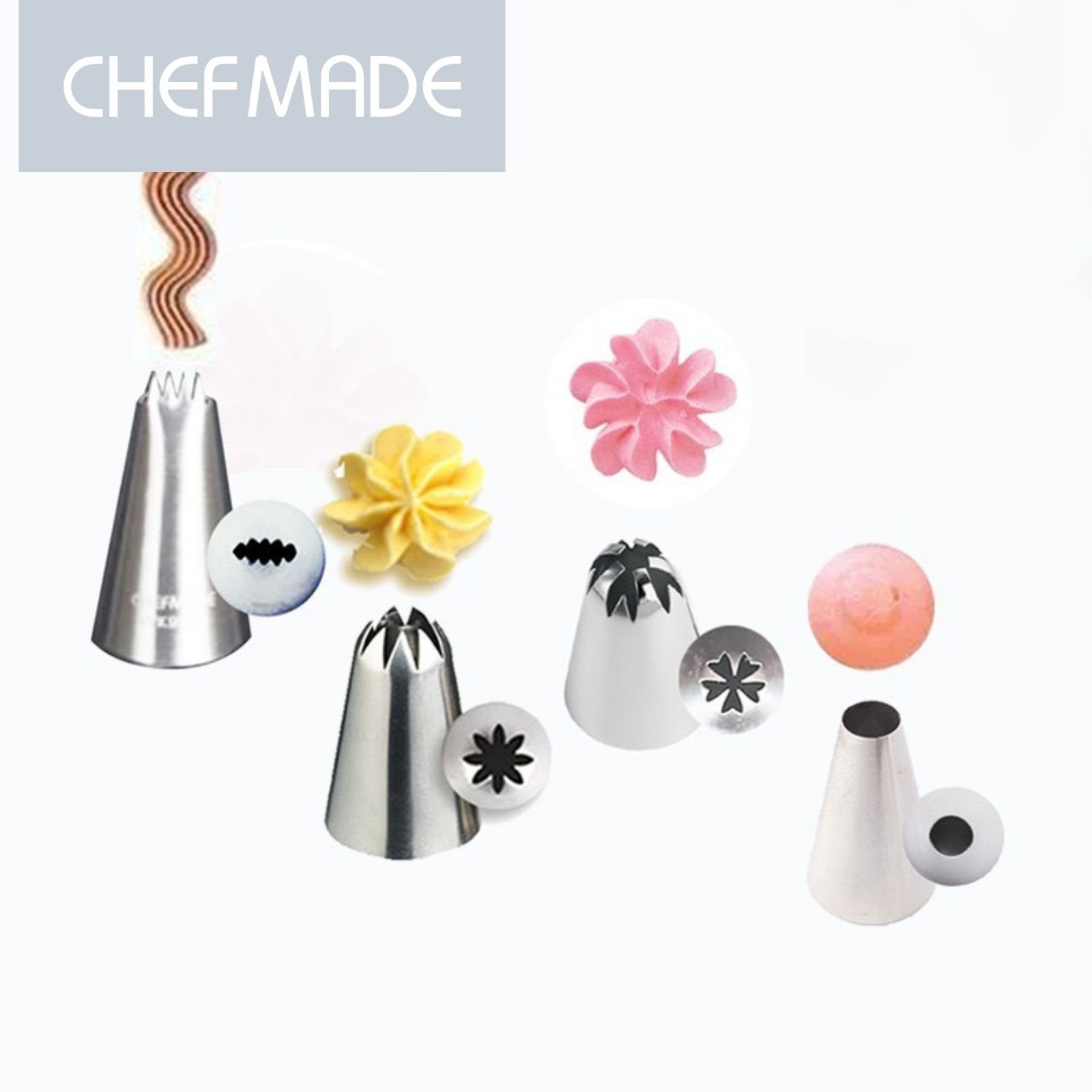 Chefmade Spritzbeutel Mehrwegspritzbeutel 54tlg Set zum Backen (CHEFMADE, 54tlg Spritztüllen und Spritzbeutel Set zum Backen, Modellierwerkzeug, Torten modellieren, Torten dekorieren, Mini Teigschaber, Backzubehör, Backhelfer, Backwerkzeug, Premium)