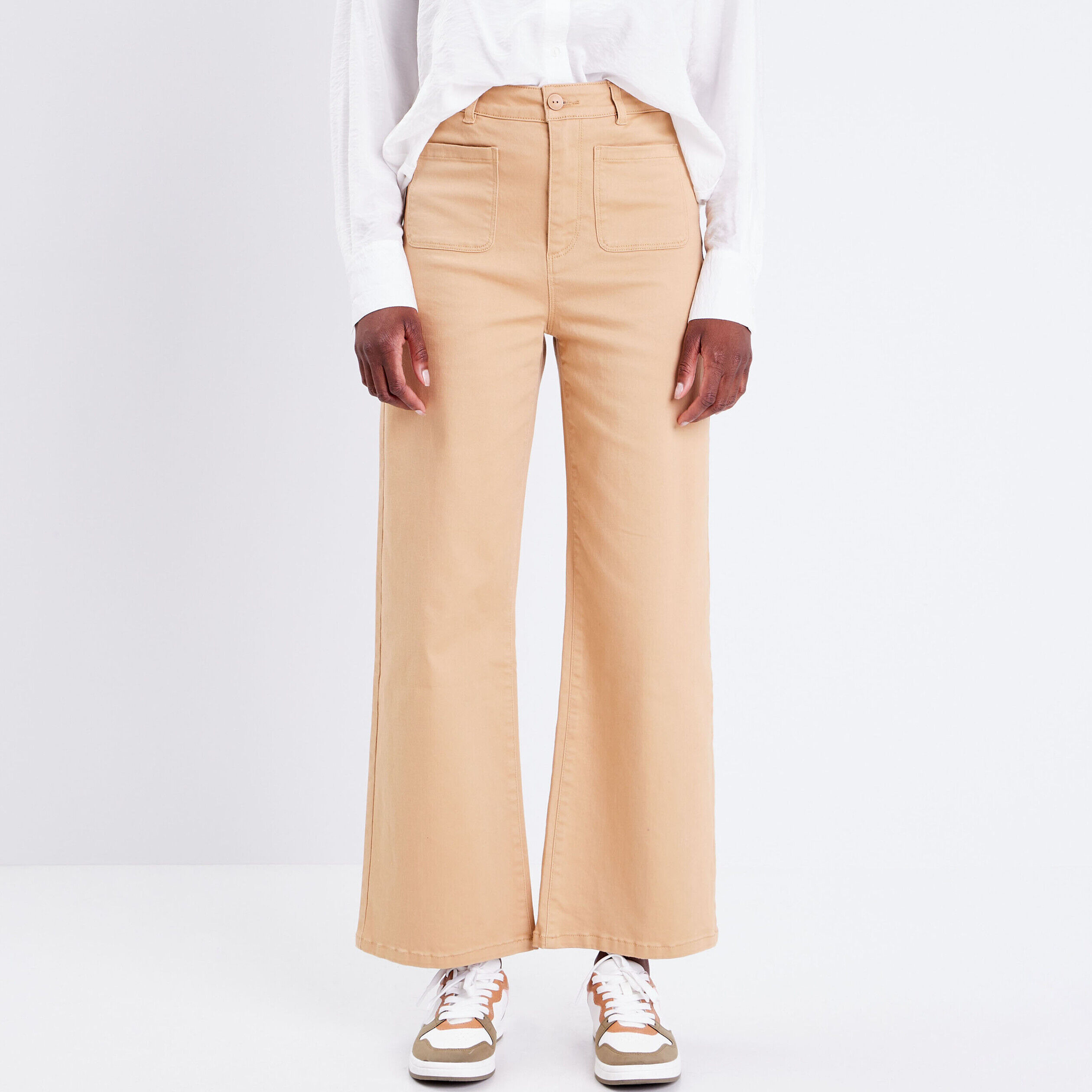 Pantalon large taille haute marron clair femme | Cache Cache