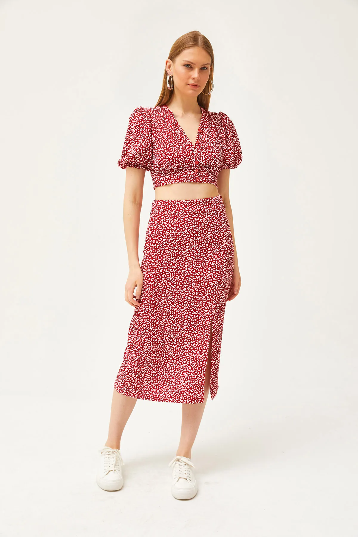 Olalook  Rotes Damen-Set mit Oberteil, Bluse und Schlitz, TKM-19000263