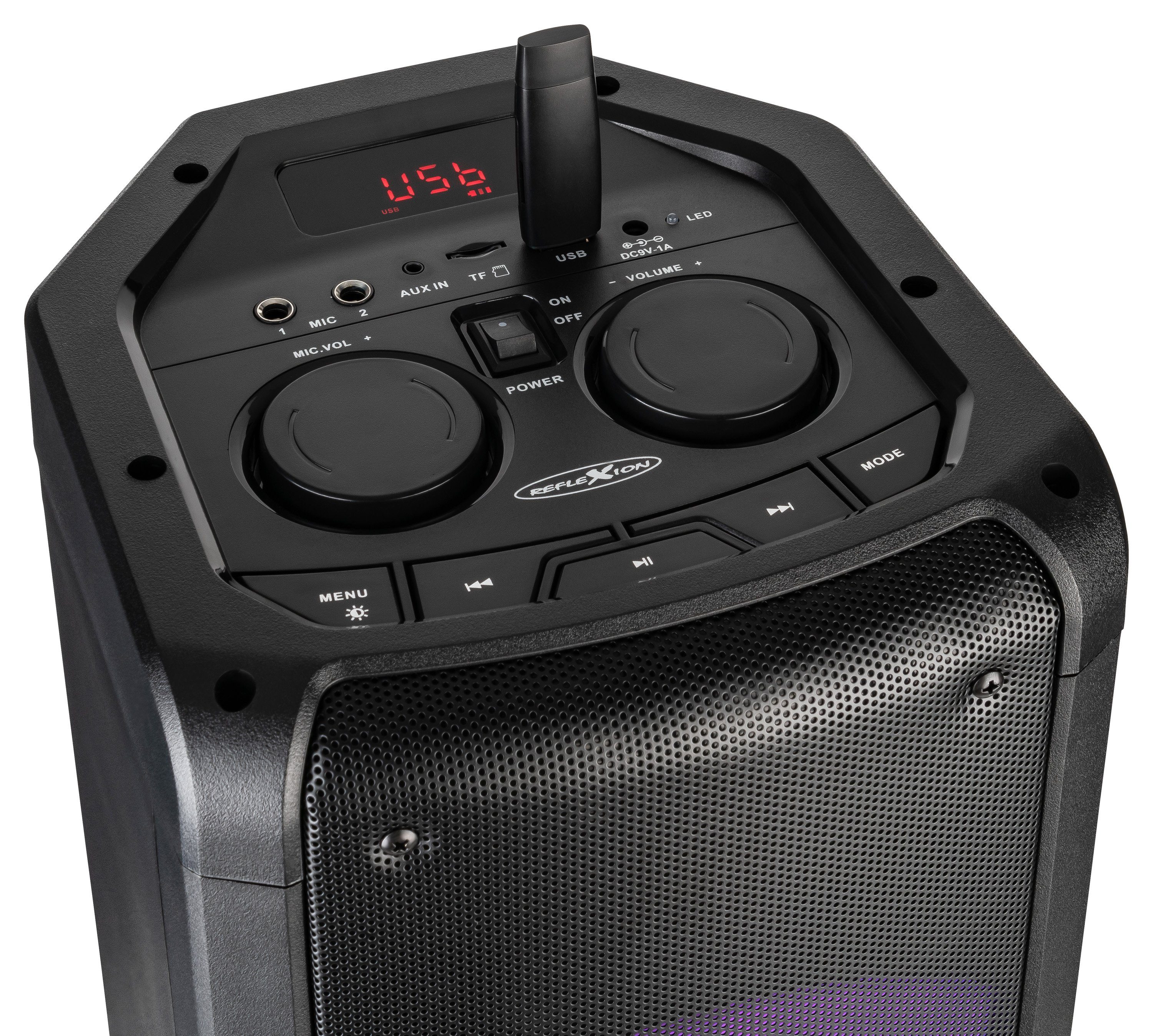Reflexion PS09BT mit rotierenden Lichteffekten Stereo Party-Lautsprecher (Bluetooth, 500 W, Bluetooth, Radio, USB, AUX IN, Micro SD Kartenslot)