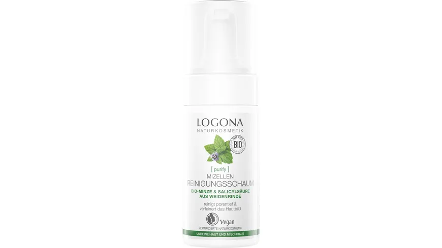 LOGONA PURIFY Mizellen Reinigungsschaum Bio-Minze & Salicylsäure aus der Weidenrinde 100 ml