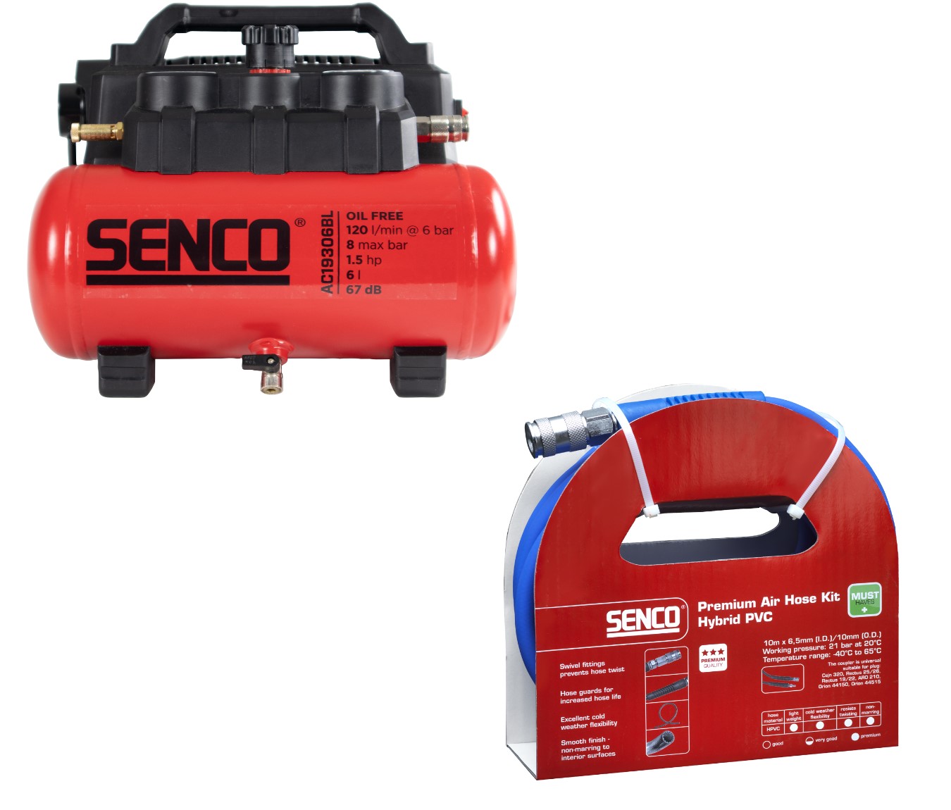 Senco PRSE-AFN0036EU - AC19306BL Kompressor 6 l, 8 bar + Luftschlauch 10 m