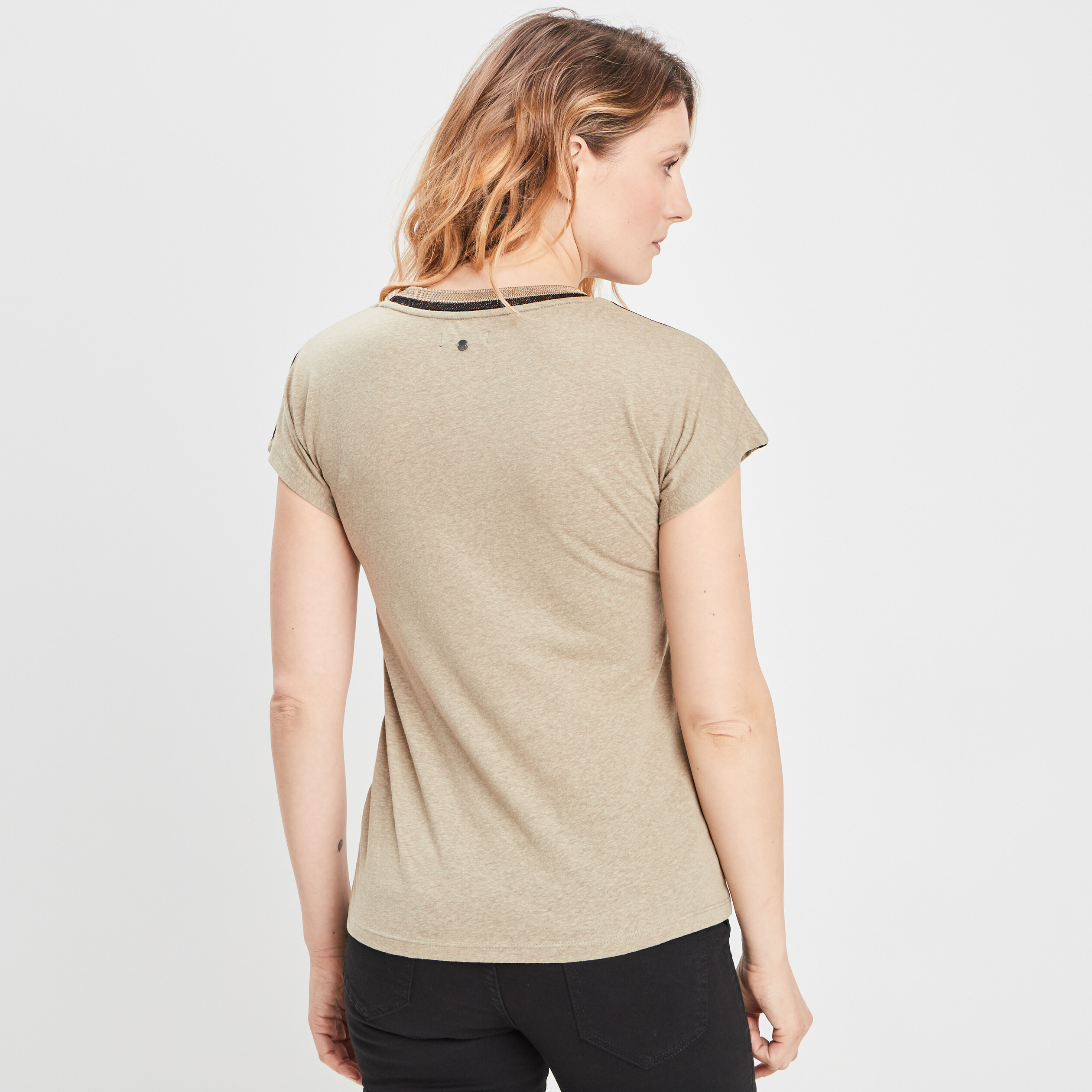 T-shirt col contrasté manches courtes vert kaki femme | La Halle