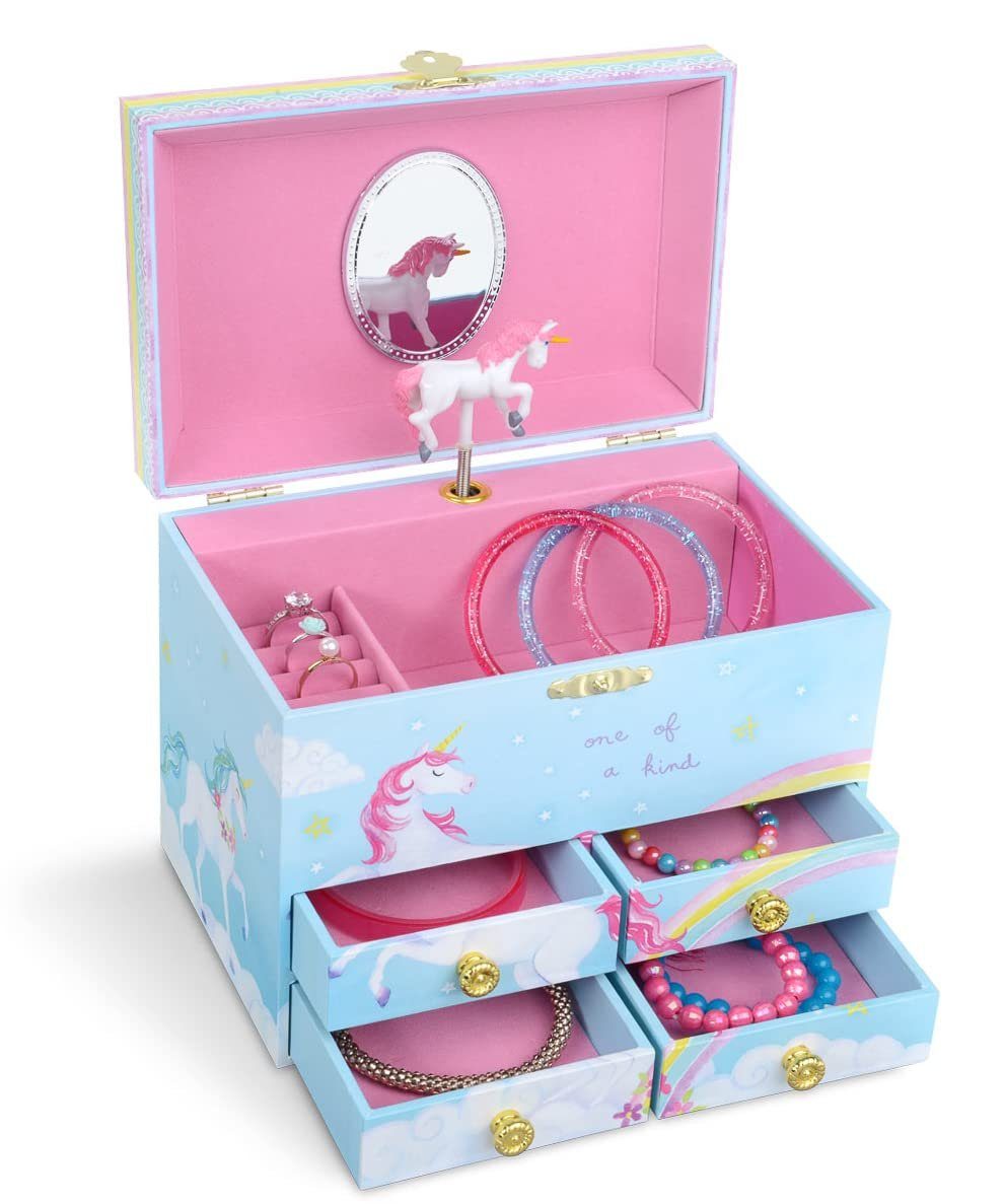 Jewelkeeper Schmucketui Zuckerwatte Einhorn musikalische Schmuckbox mit 4 Schubladen, Rosa Zuckerwatte Einhorn