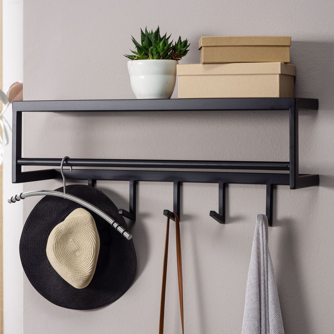Wohnling Wandgarderobe Metall Schwarz 70x20x20 cm
