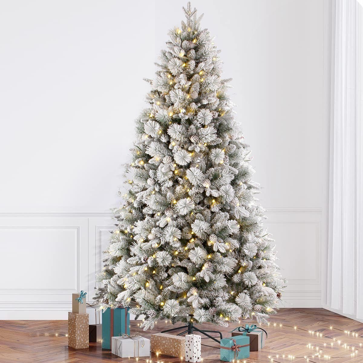 Sinaopus Künstlicher Weihnachtsbaum BW01 Tannenbaum mit beleuchtung, LED Christbaum, Schnee PE+PVC, mit 1000 Spitzen und 300 Warm-Weißen LED, 180 cm mit Metallständer