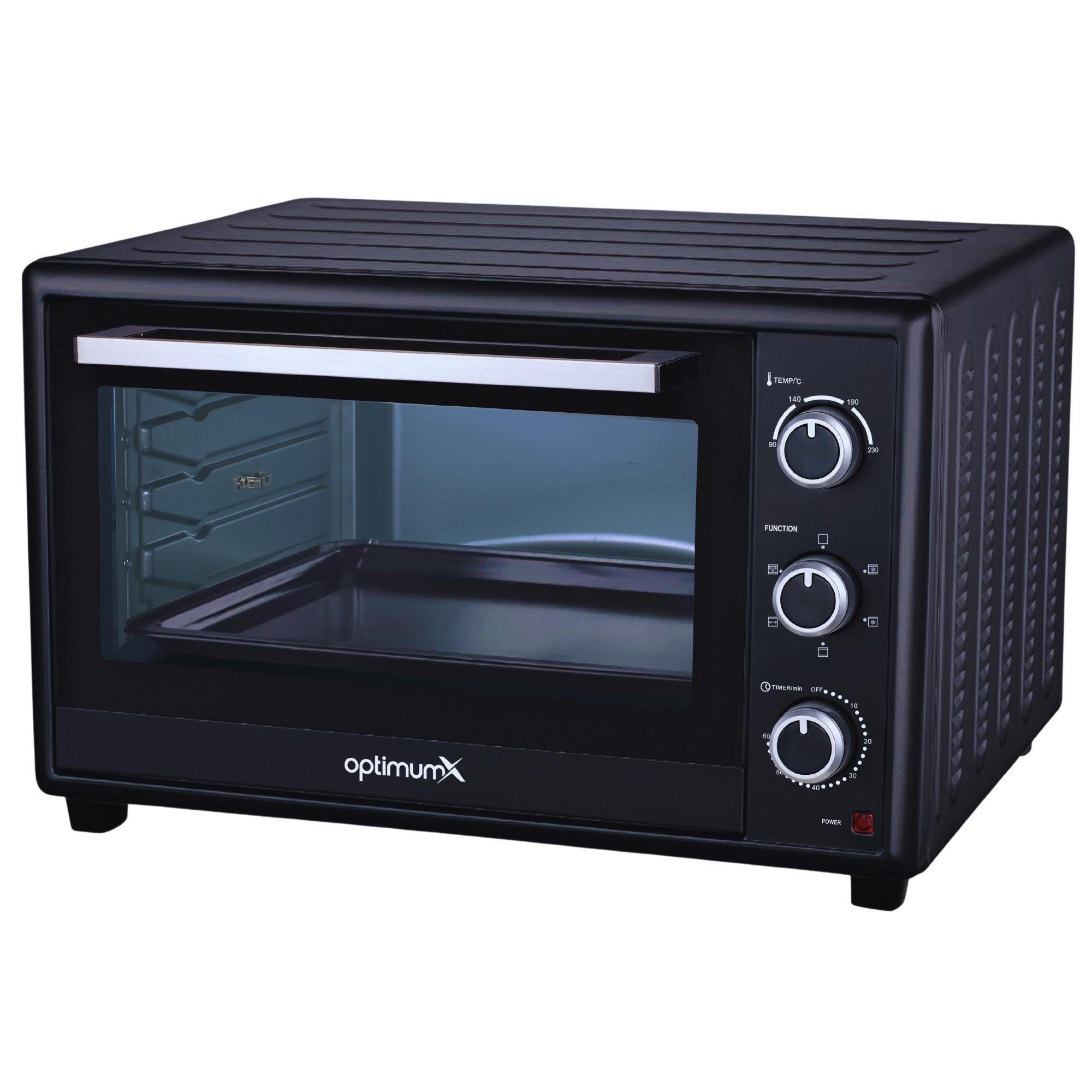 optimumX Minibackofen 60 Liter XXL mit Umluft, 2200W, Backblech und Gitter-Set, 5 Kochfunktionen, 60 min, Doppelverglassung, 90-230°C