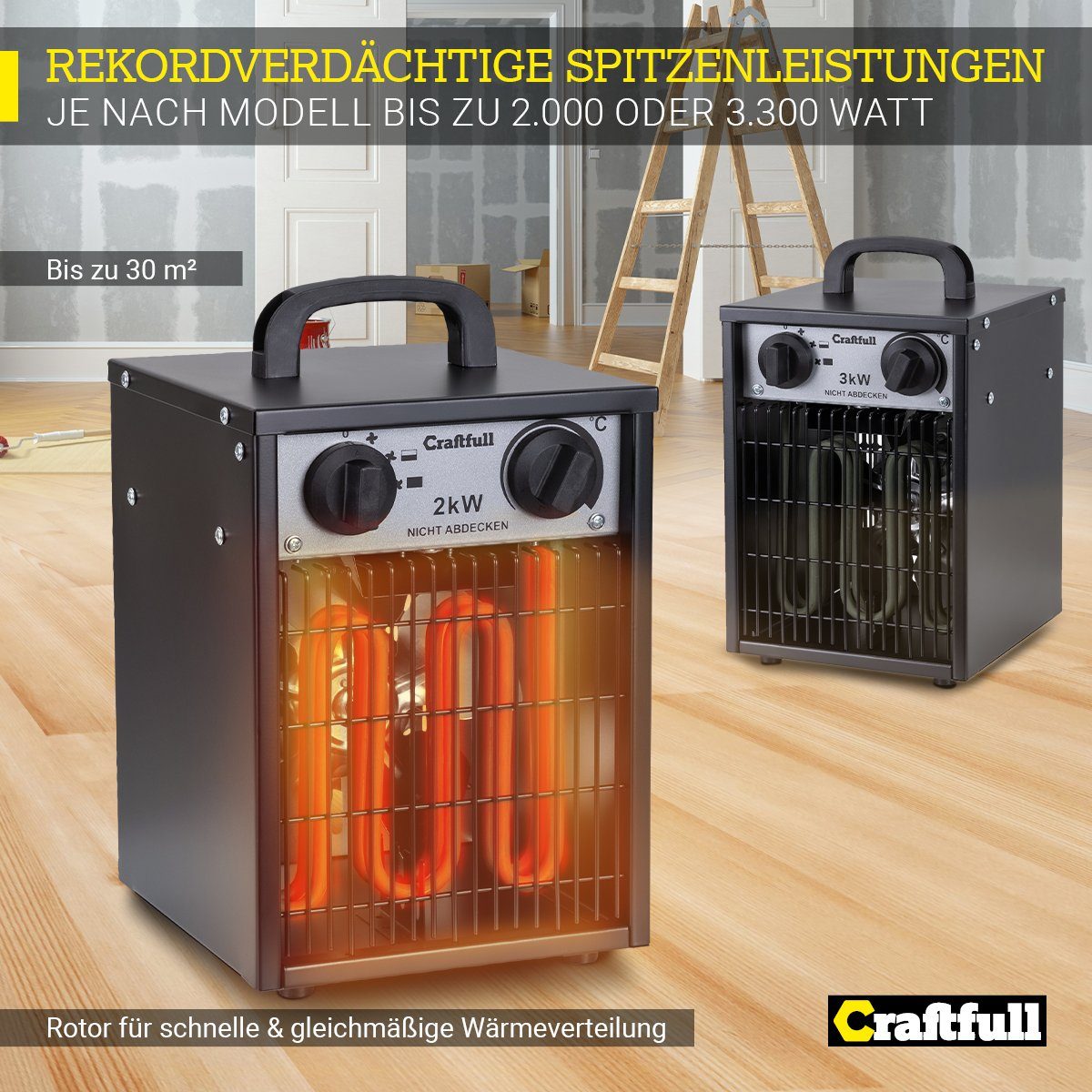 Craftfull Heizlüfter Elektro Heizgerät HL200 inkl. 3 J. Garantie - 3 Heizstufen - Bauheizer, 2000 W, Elektroheizung Heizung Heizer - Termostatregelung - Tragegriff