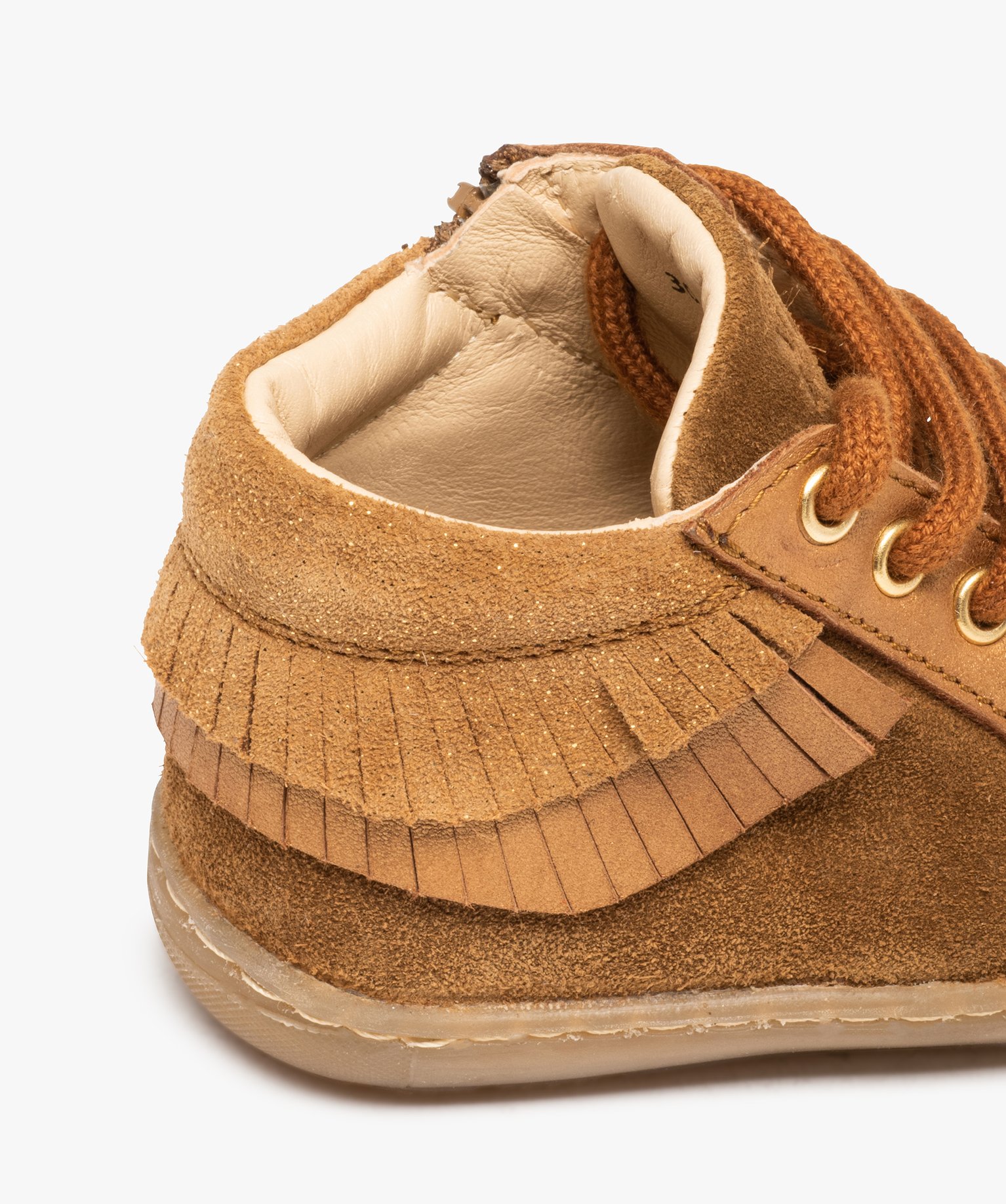 Chaussures premiers pas bébé fille dessus cuir à franges ... camel | GEMO