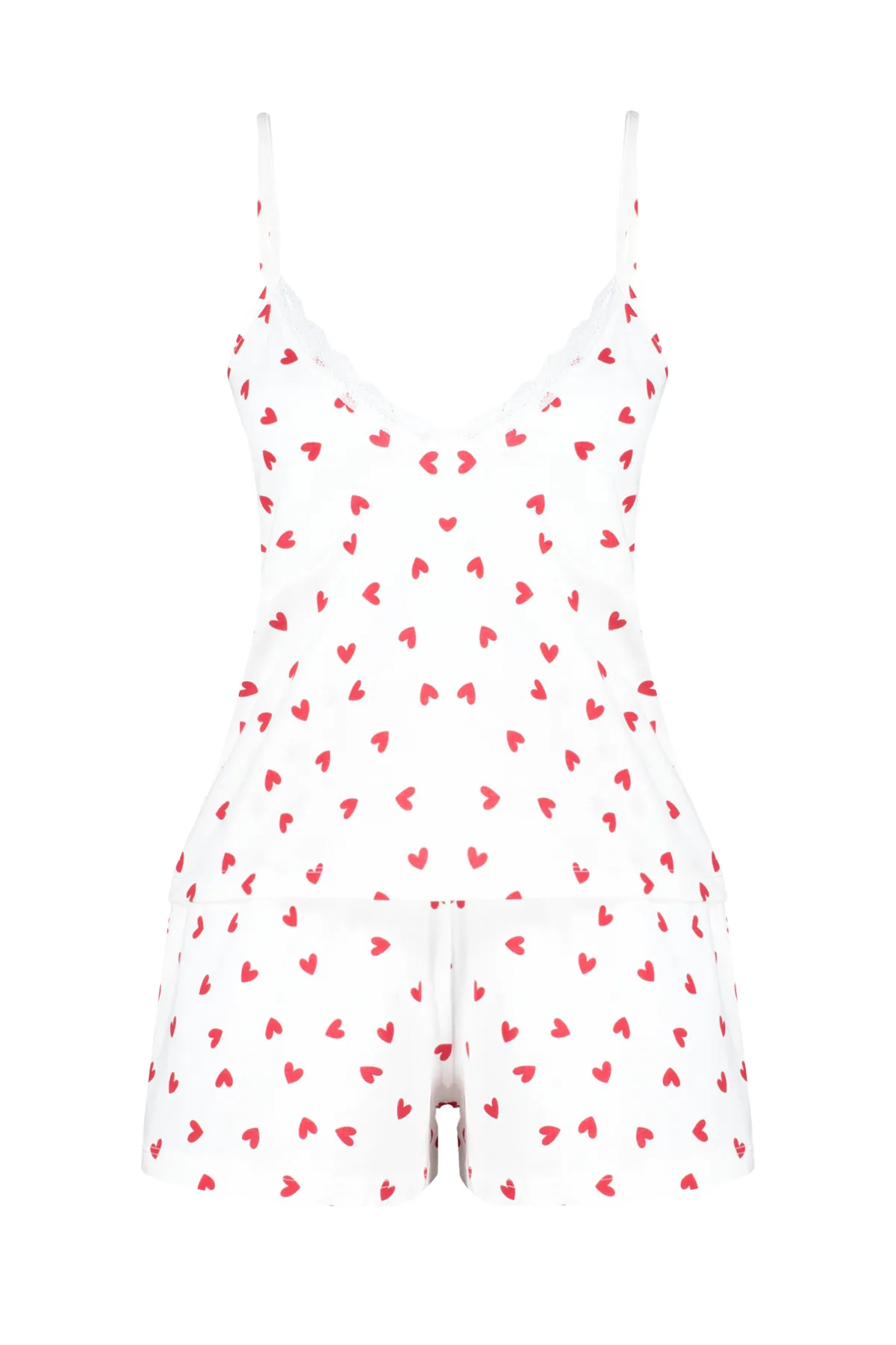 Trendyol Collection  Weißer Pyjama-Set aus 100 % Baumwolle mit Herz-Spitzendetail und Seilriemen THMSS24PT00106