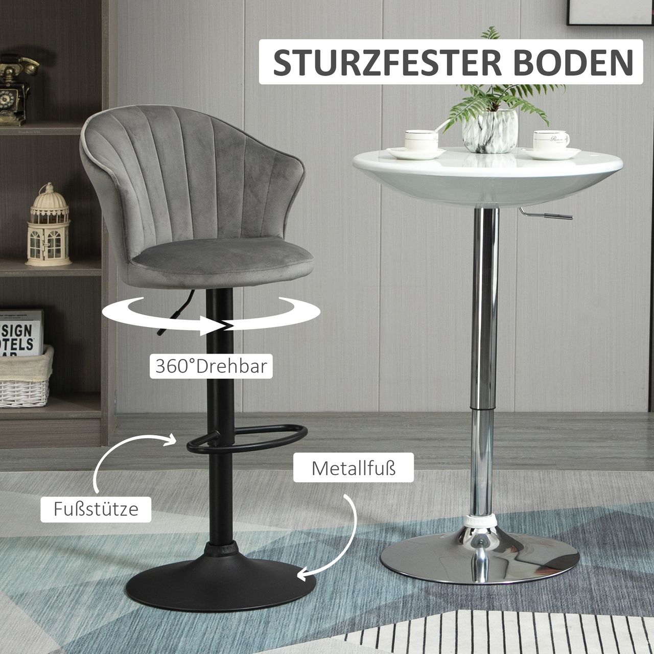 HOMCOM 2er-Set Barhocker Barstühle mit Lehne drehbar höhenverstellbar Grau