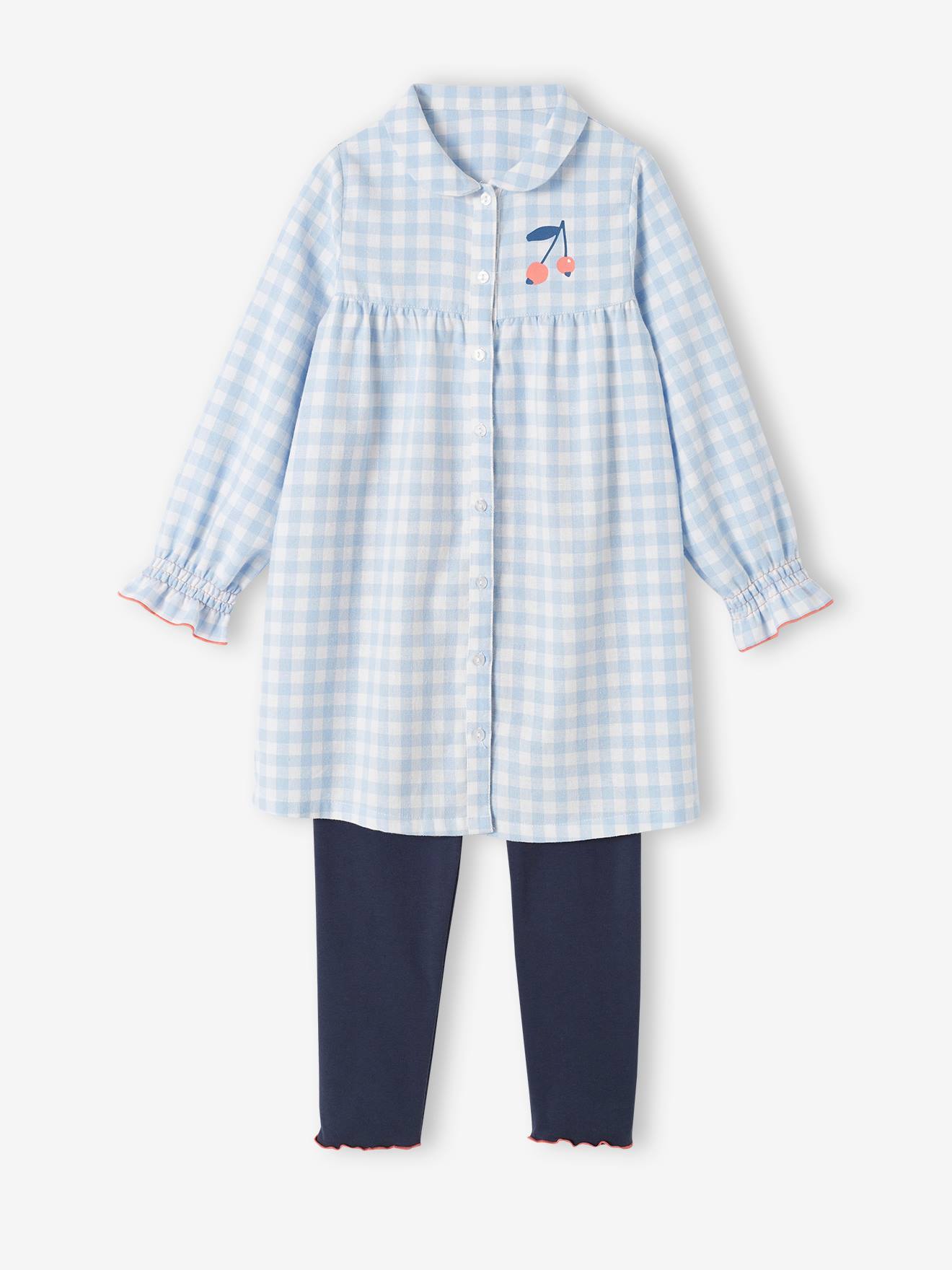 Chemise de nuit vichy en flanelle + legging uni carreaux bleu