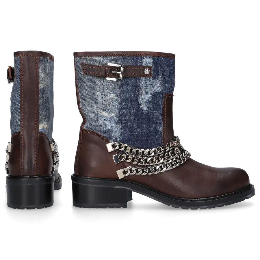 Dsquared2 - Cowboy-/ Bikerstiefeletten Denim Kalbsleder Zierkette Zierschnalle blau braun - braun