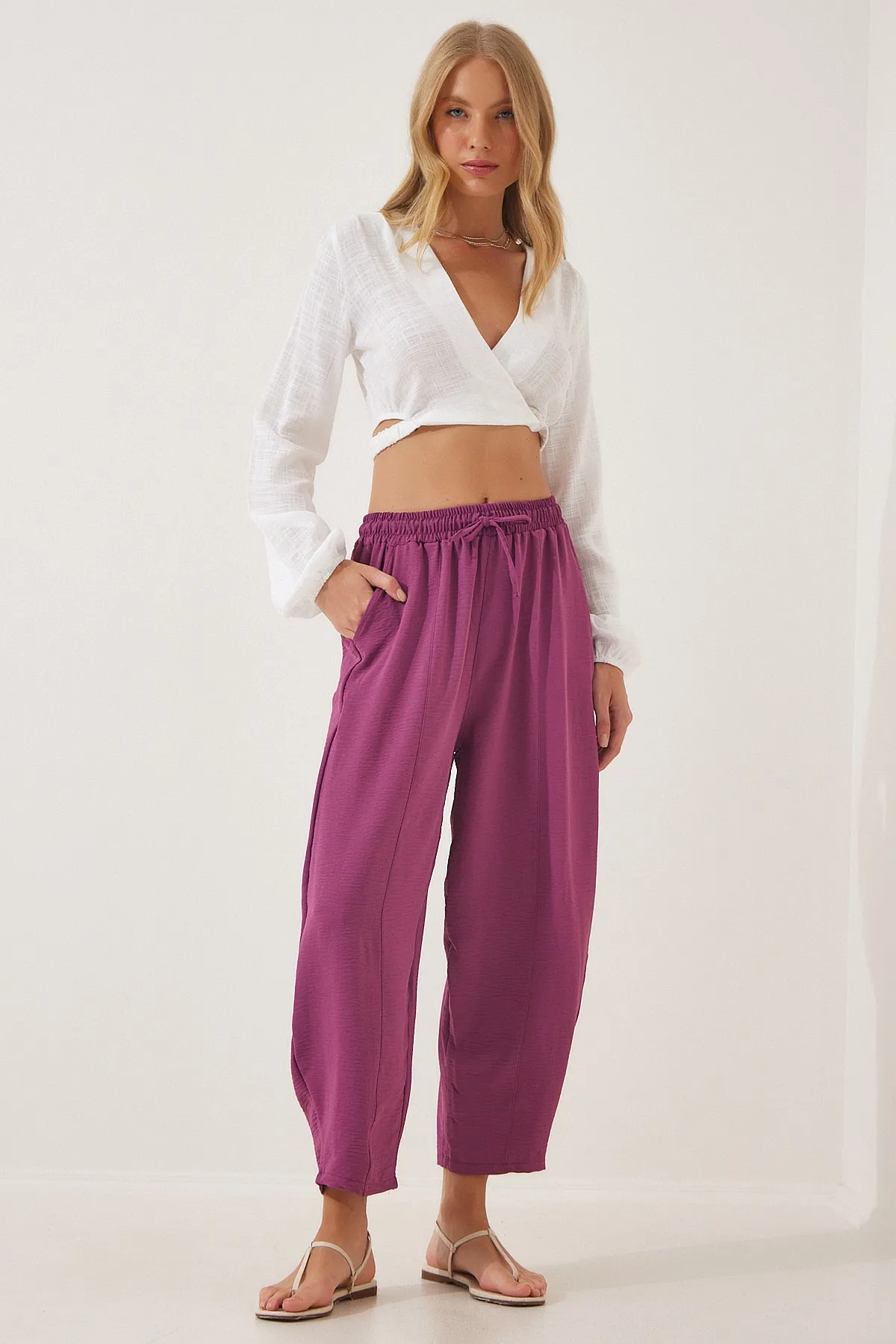Happiness İstanbul  Lila Leinen-Shalwar-Hose für Damen CI00036