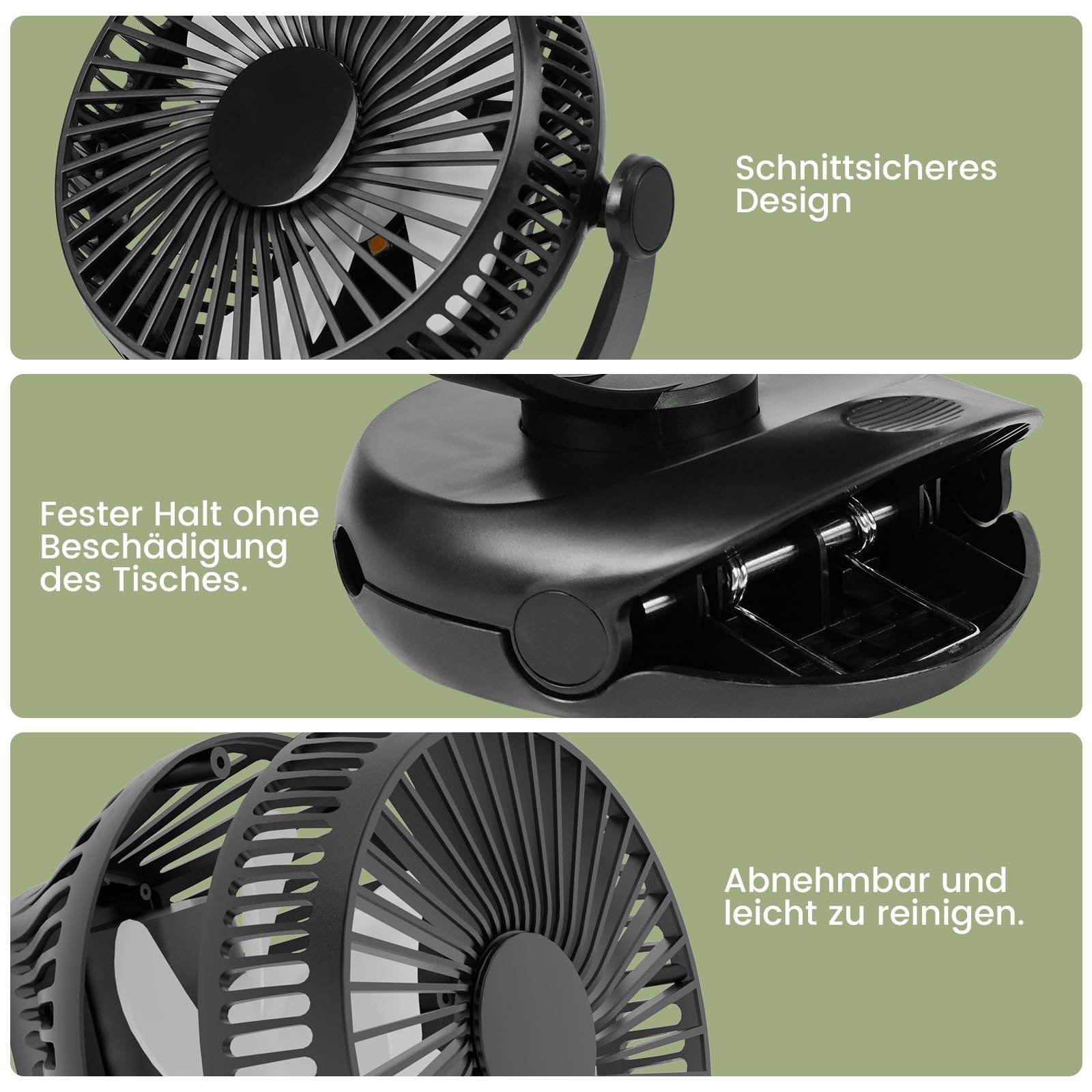 ZMH Mini USB-Ventilator 4 Geschwindigkeiten 10000mAh Akku 360° Drehung Schwarz, Mit integrierten Klammer und dem klappbaren Haken