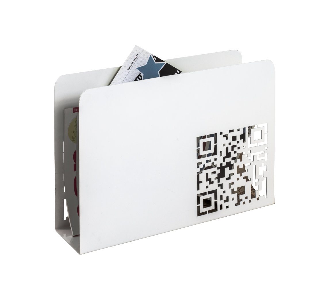 möbelando Zeitungsständer Quinn, Zeitungsständer aus Metall in weiß lackiert, mit abstrakter QR-Code Stanzung