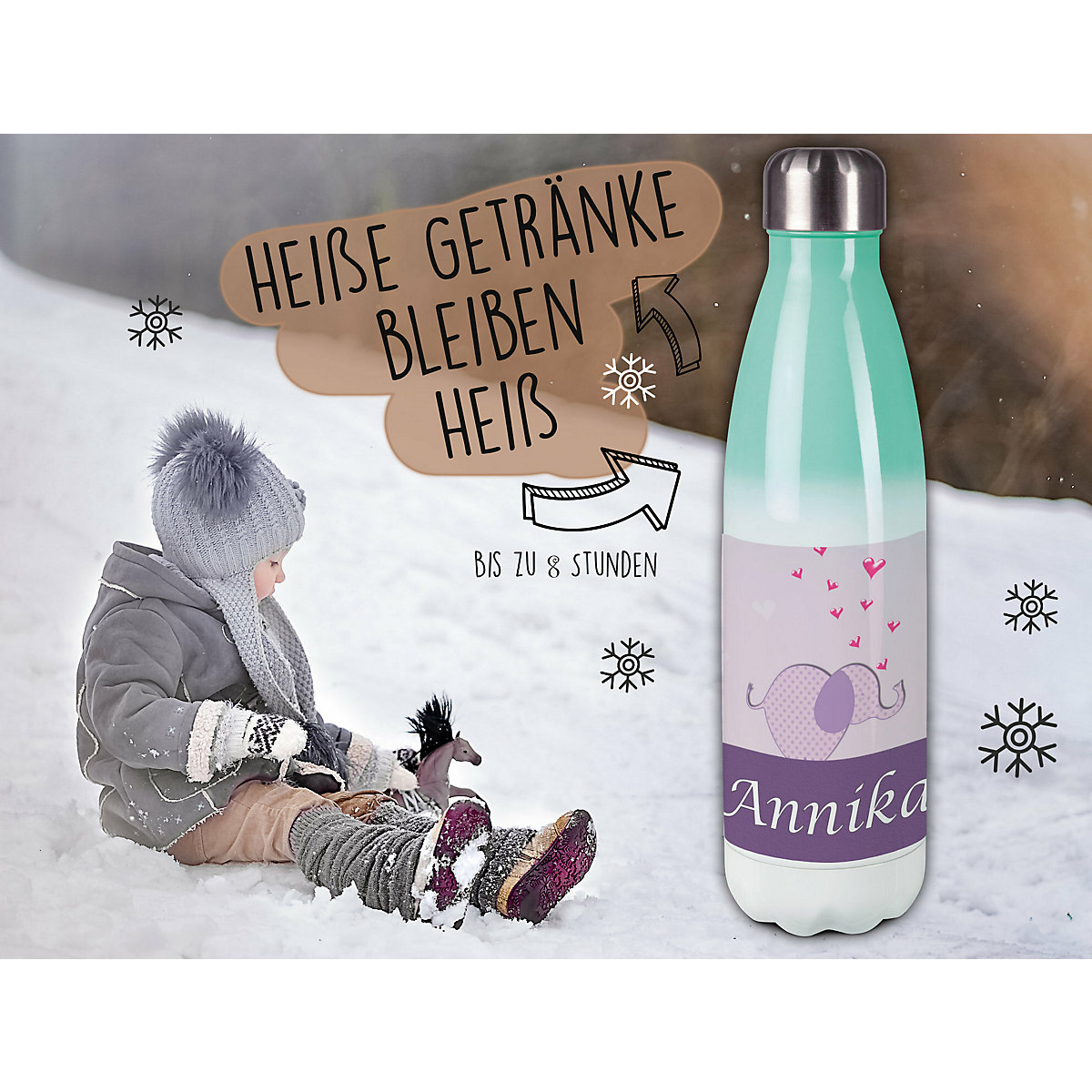 Edelstahl Kinder Thermoflasche / Trinkflasche bunt Elefant Farbe lila Spülmaschinenfest, Auslaufsicher, Bruchfest, Doppelwandig, Für Heißgetränke geeignet, Mit Deckel, Isoliert