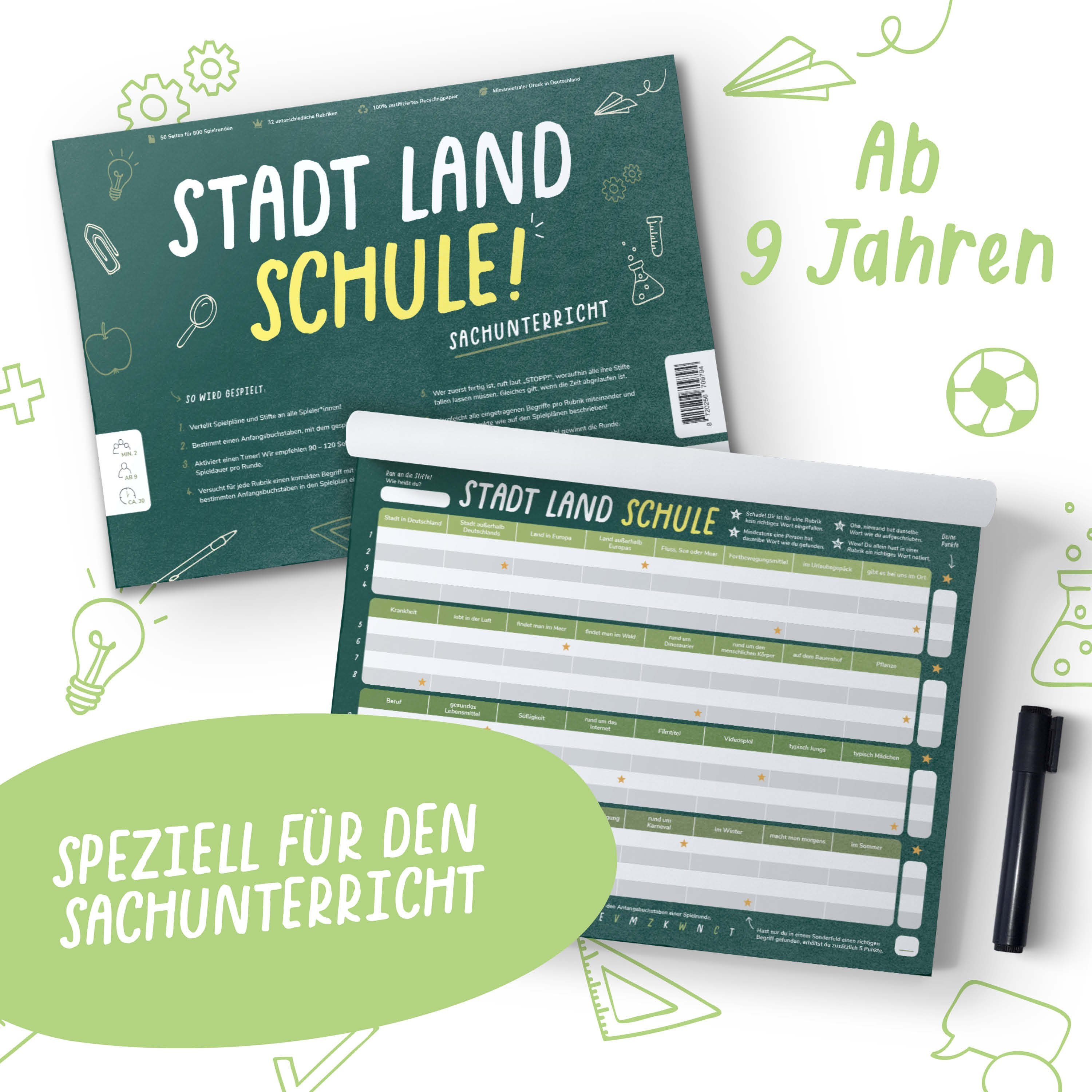 Pihu Spiel, Lernspiel STADT LAND SCHULE (SACHUNTERRICHT), Lernspiel für den Sachunterricht, Klimaneutral gedruckt