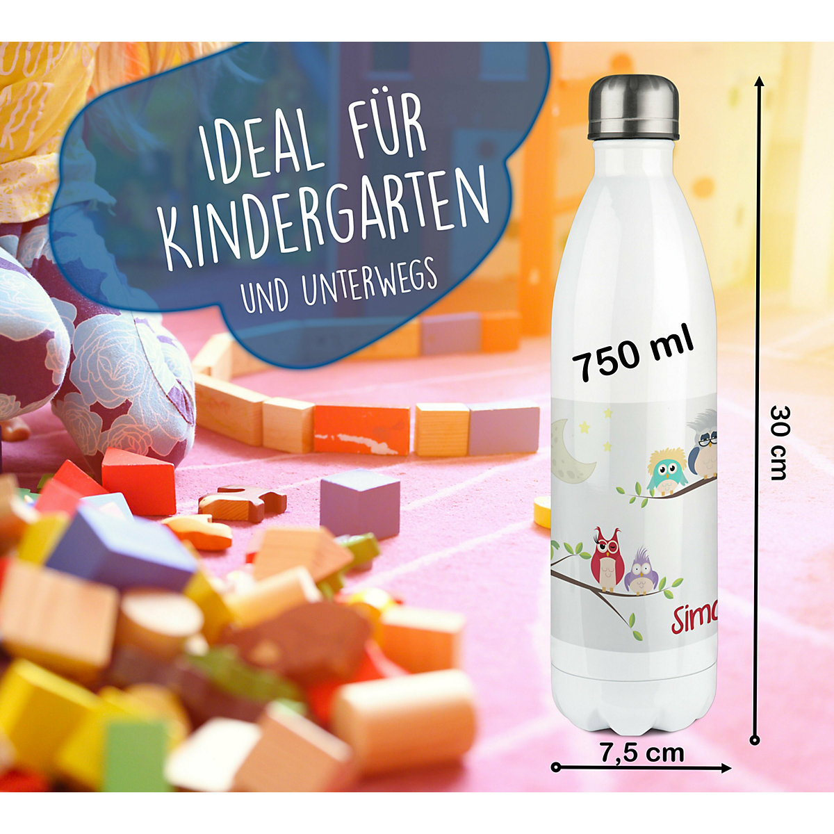Edelstahl Kinder Thermoflasche / Trinkflasche bunt Eulenfamilie Spülmaschinenfest, Auslaufsicher, Bruchfest, Doppelwandig, Für Heißgetränke geeignet, Mit Deckel, Isoliert