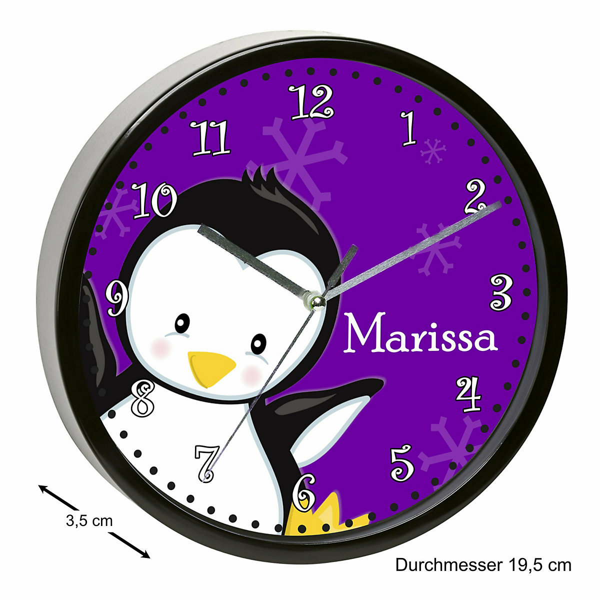 Kinder Wanduhr personalisiert mit Name Pinguin lila
