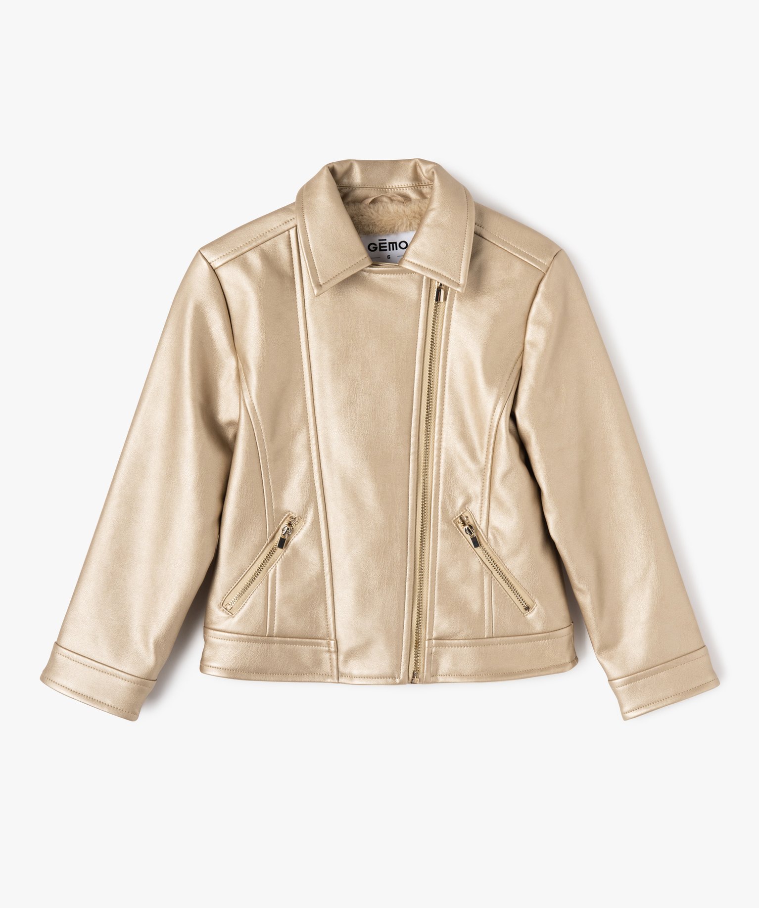 Blouson biker en cuir imitation fille or | GEMO