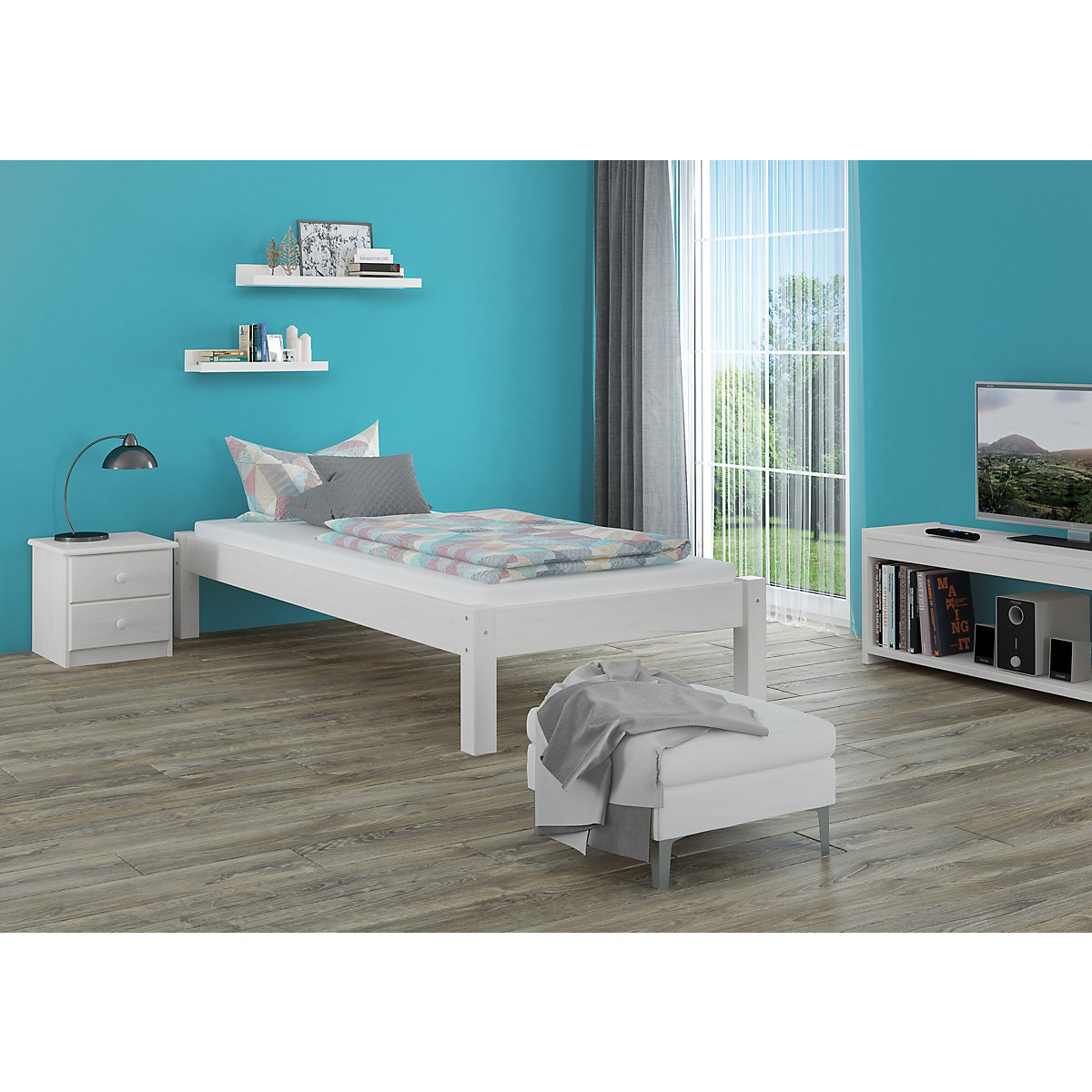 Weißes Jugendbett Kiefer massiv 90x200 mit Rost und Matratze