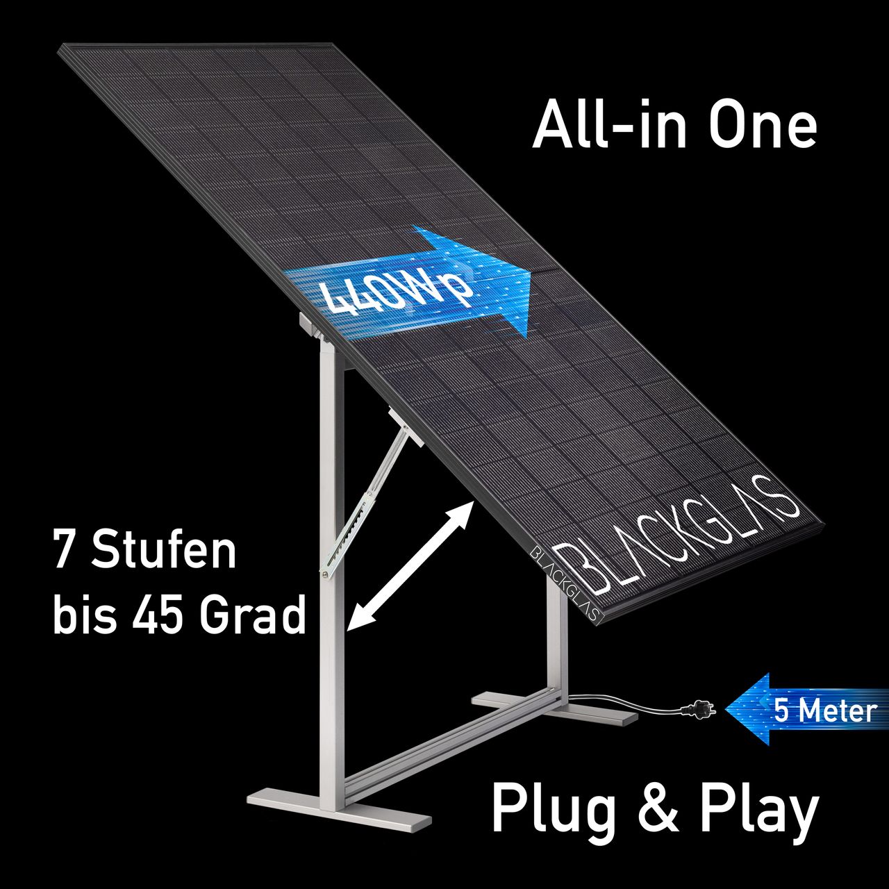 BLACKGLAS SolarScreen ECOmirror-440Wp-FBGG Hochformat, Bifacial, 7-stufig verstellbar, Balkonkraftwerk (BKW)