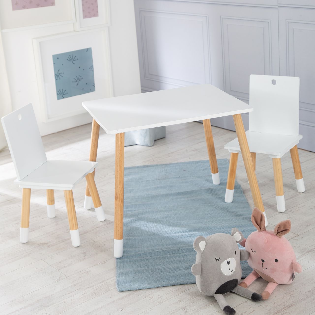 Roba Kinder Sitzgruppe, Kindermöbel Set aus 2 Kinderstühlen & 1 Tisch, Holz, weiß lackiert