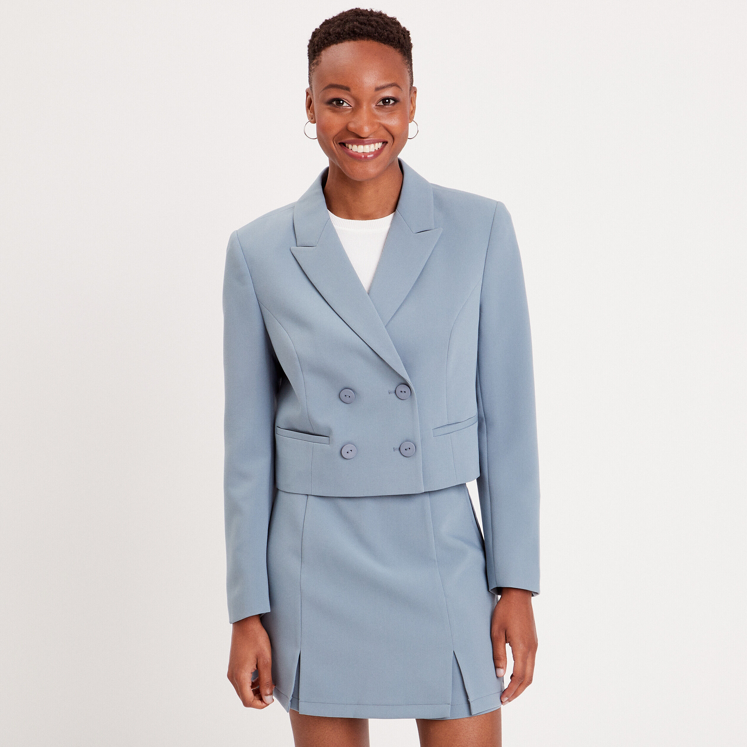 Veste blazer courte droite bleu gris femme | Cache Cache