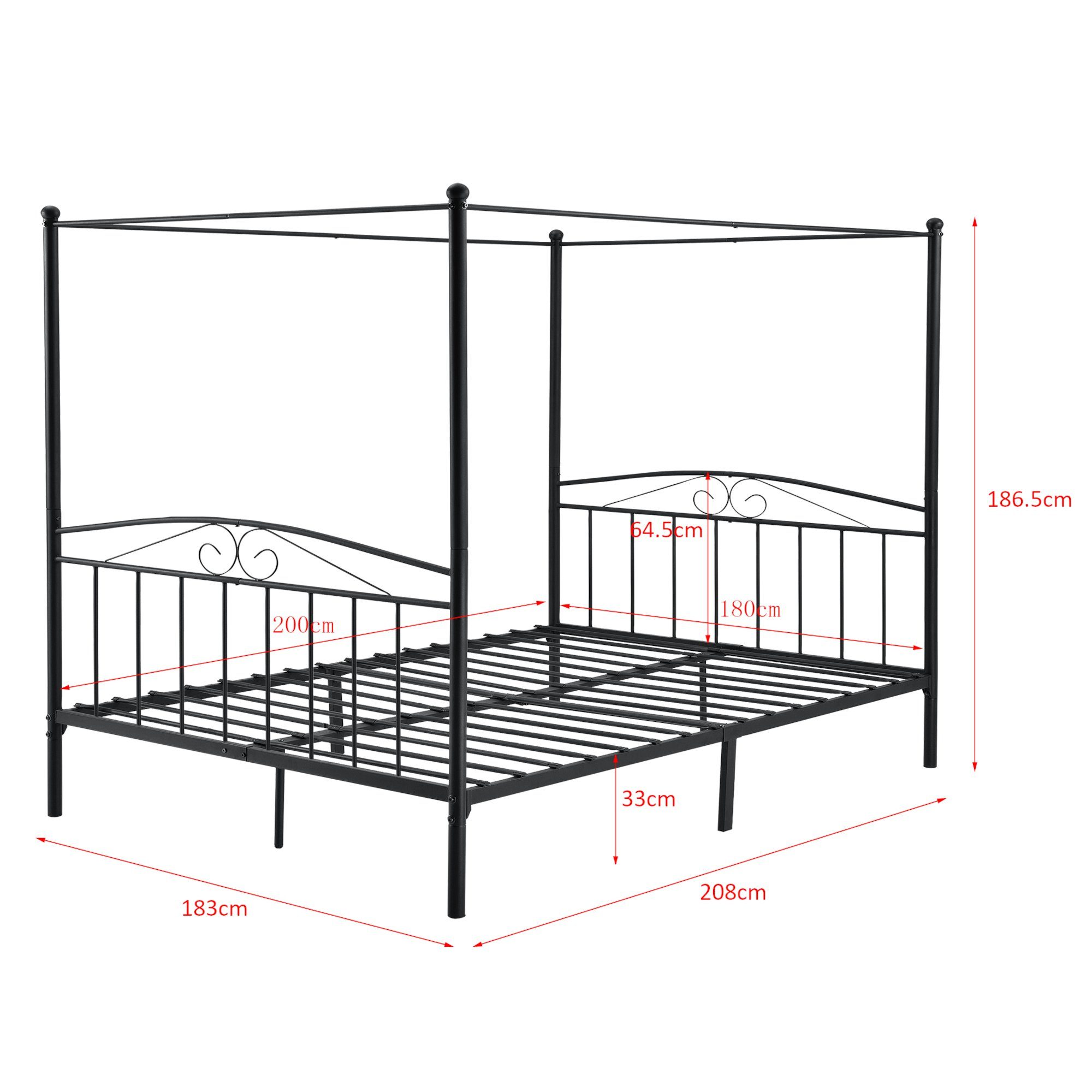 en.casa Himmelbett, Lahti Metallbett Doppelbett Schwarz 180x200cm