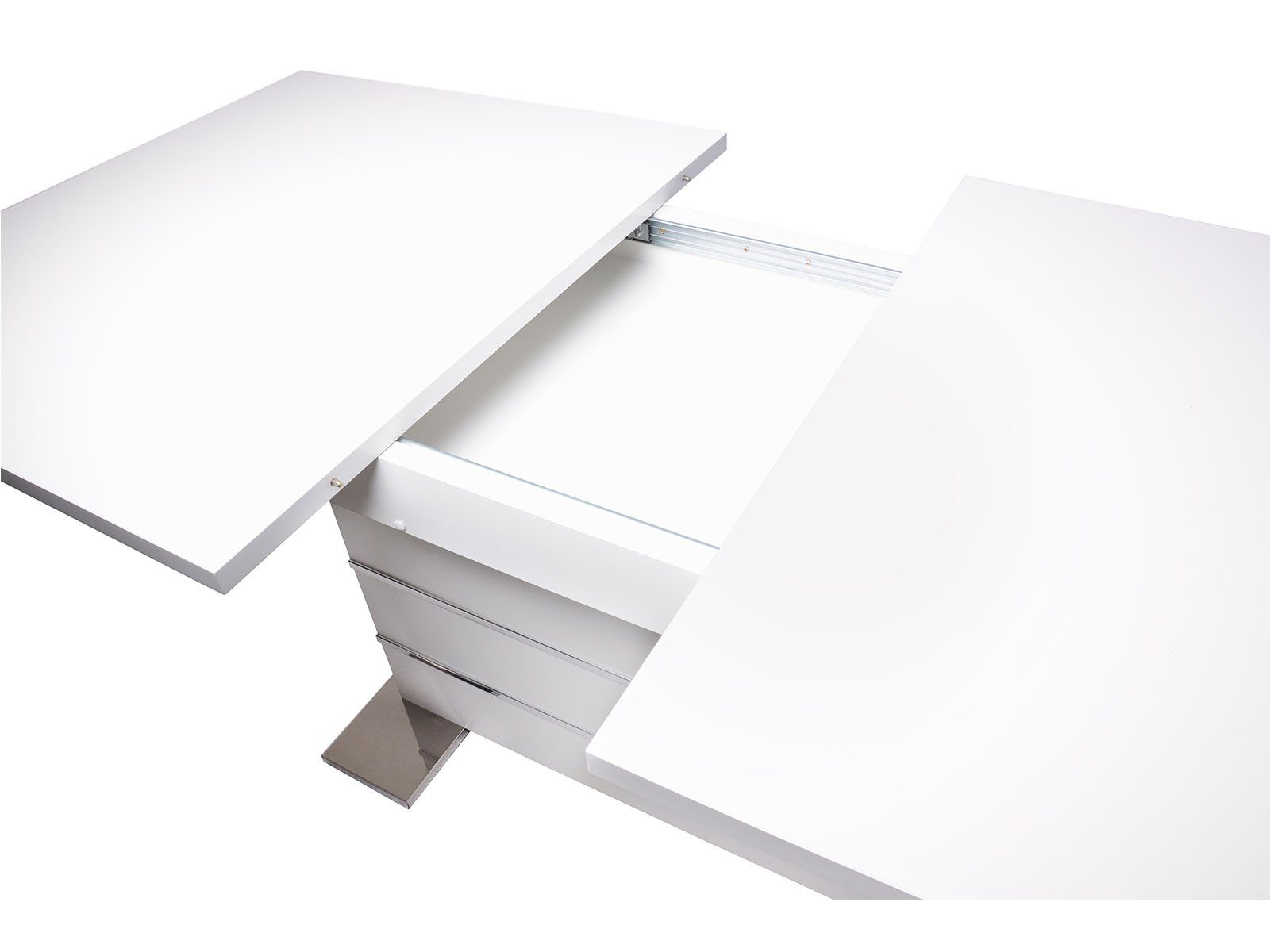 möbelando Esstisch Manta, Esstisch ausziehbar aus Spanplatte, in weiß mit einer Melaminharzbeschichtung, ABS-Kanten und Synchronauszug mit 1 Auszugsplatte (ca. 40 cm) und Innenkasten zum verstauen der Auszugsplatte, insgesamt ausziehbar auf 200 cm, m