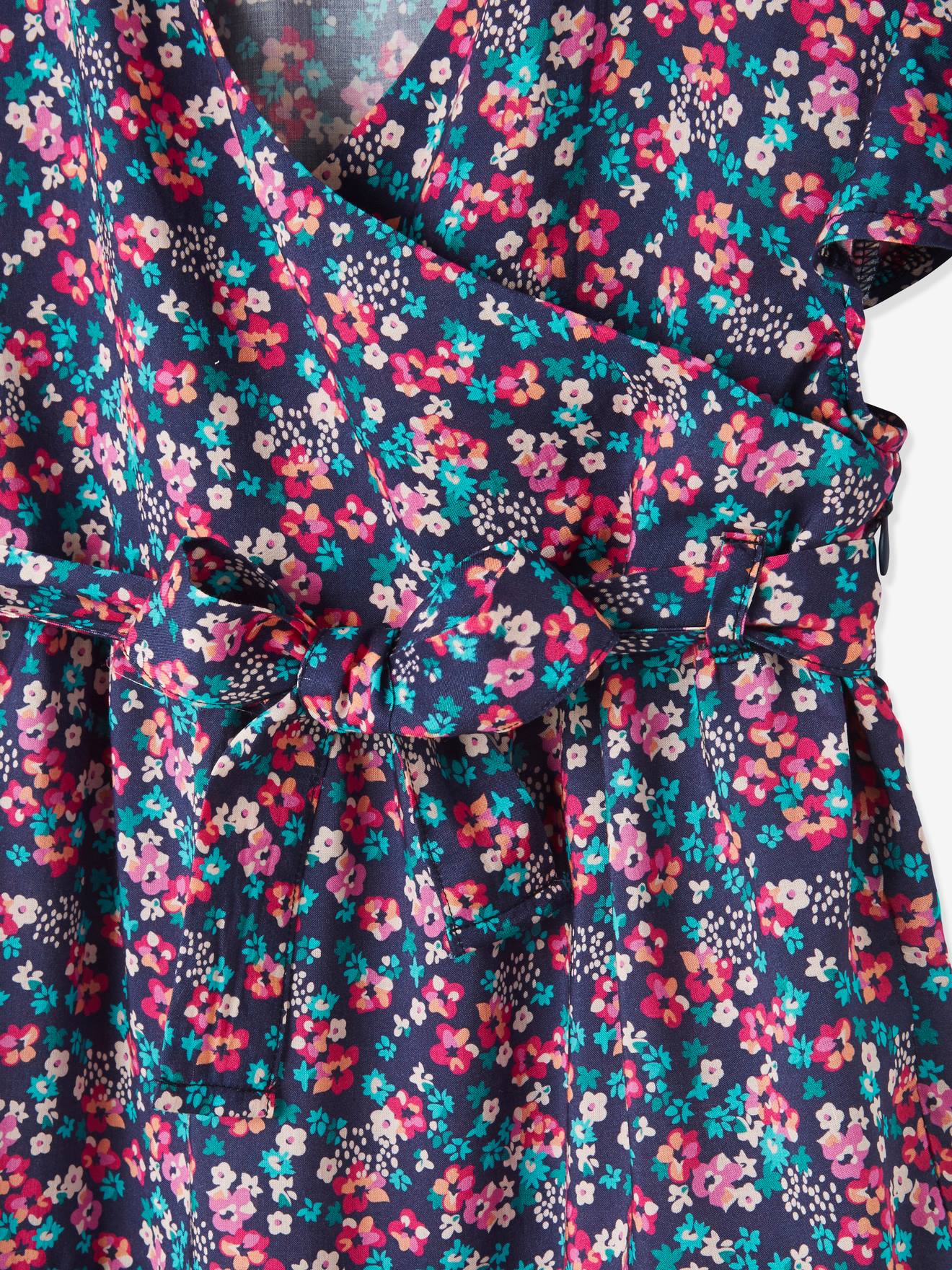 Robe effet portefeuille fille bleu imprimé fleurs