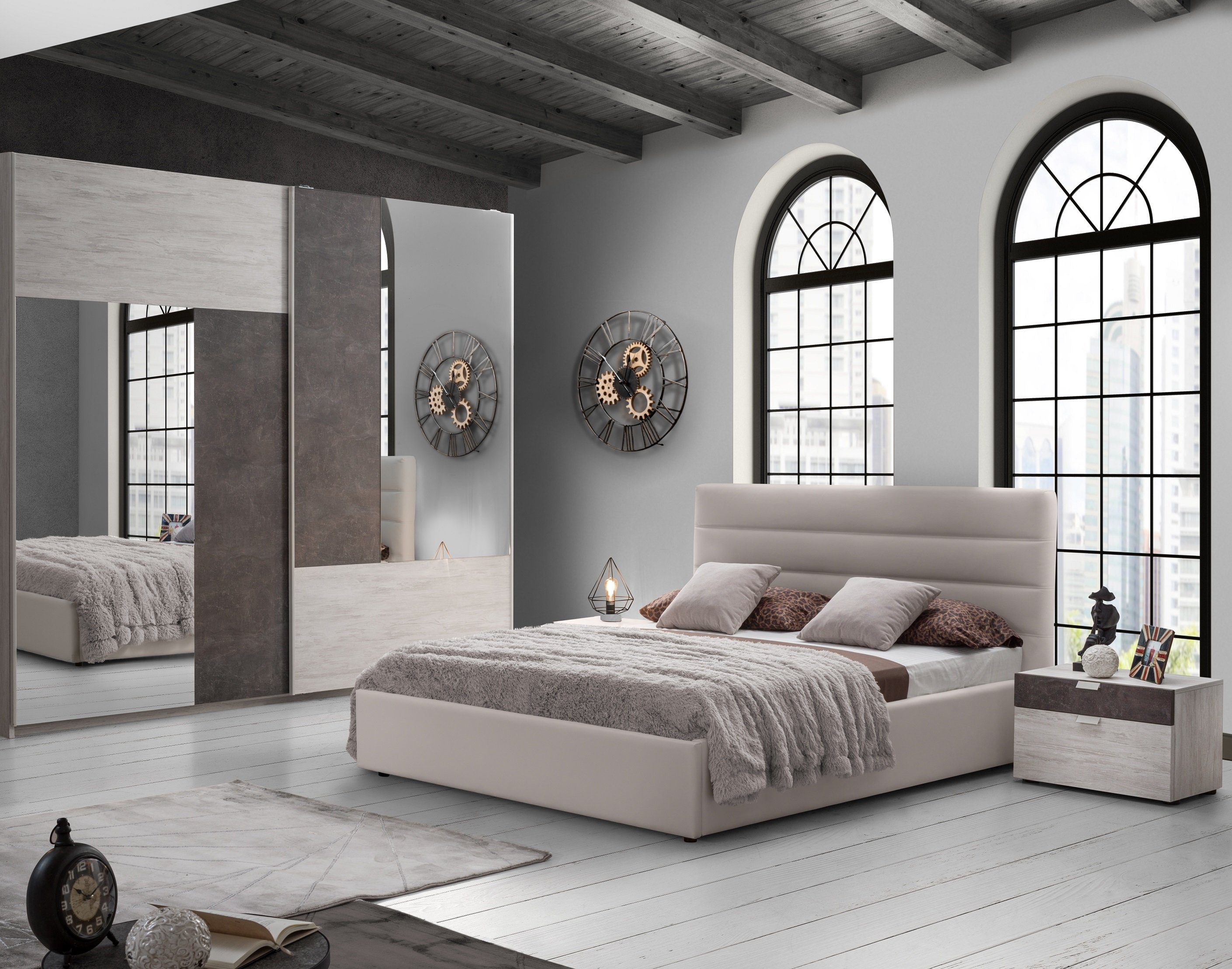 Interdesign24 Bettanlage Urbio, (3-teilig, bestehend aus Bett und 2 x Nachtkommode), in Creme/Beige/Braun