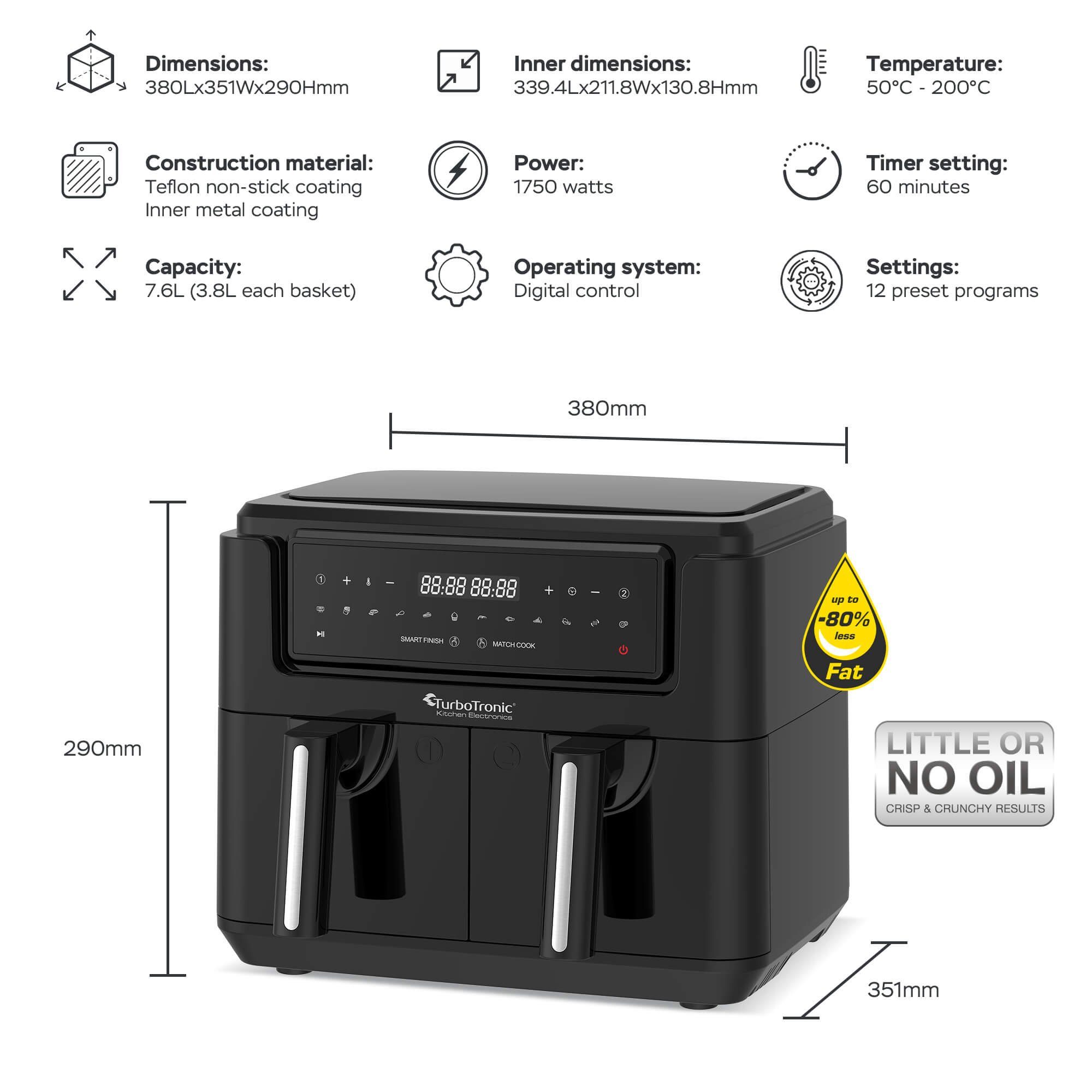 TurboTronic by Z-Line Heißluftfritteuse XXL doppel Airfryer 1750W 7,6L 2x 3,8L Kammer 12 Programme digitale, 1750 W