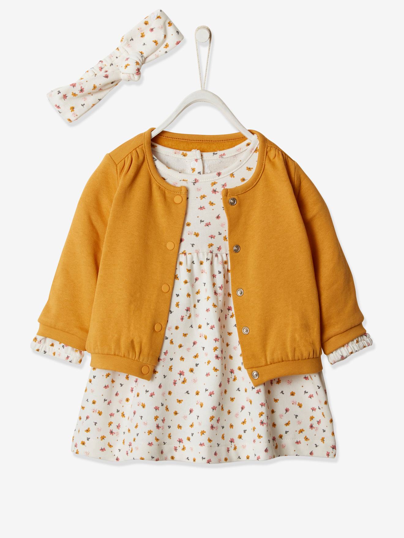 Vertbaudet Mädchen Baby-Set: Kleid, Strickjacke & Haarband, personalisierbar Oeko Tex - koralle