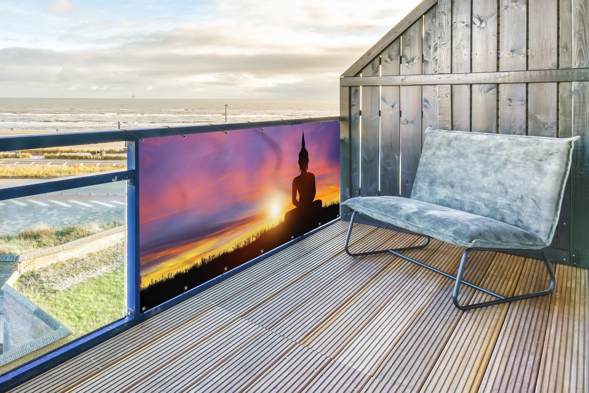 MuchoWow Balkonsichtschutz Sonnenuntergang - Horizont - Buddha-Statue - Buddha - Silhouette (1-St) Balkonbanner, Sichtschutz für den Balkon, Robustes und wetterfest