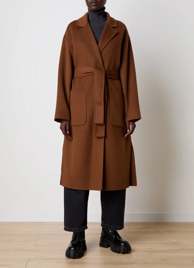 Vlněný kabát Woolrich Virgin s páskem na zavazování a nakládanými kapsami