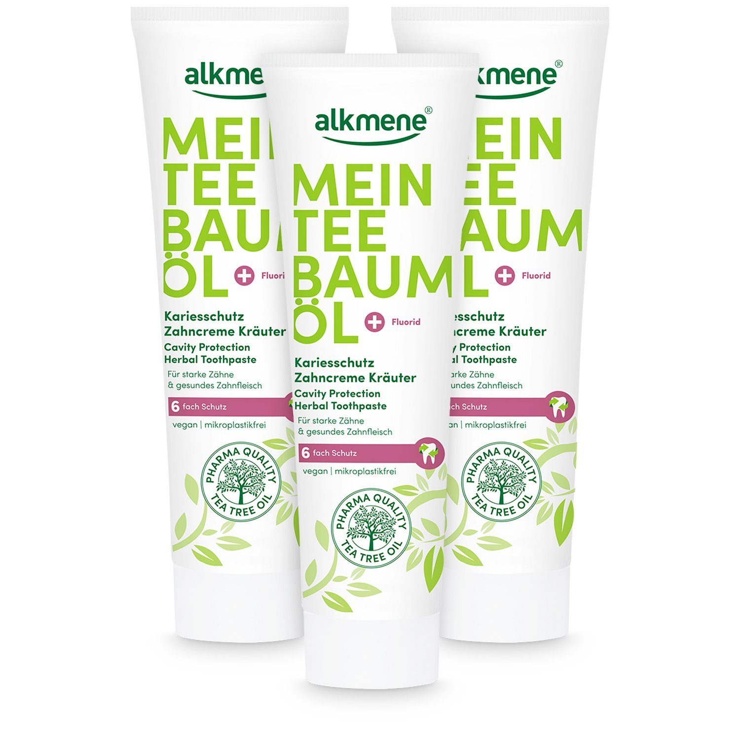 alkmene Zahnpasta 3x Teebaumöl Kariesschutz Zahncreme Kräuter - Zahnpasta 6fach Schutz, (3-St)