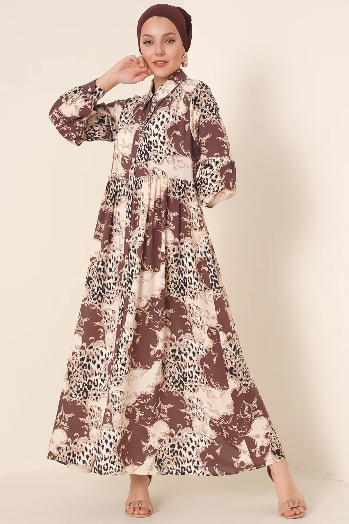 Bigdart  2295 Hijab-Kleid mit Hemdkragen – Braun